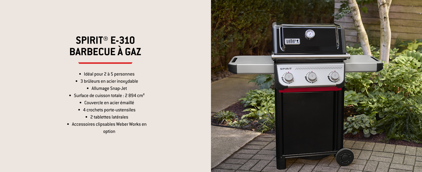 Vue marketing supplémentaire du gril à gaz Spirit E-310 montrant les spécifications et les caractéristiques du produit en texte français à côté de photos du produit.