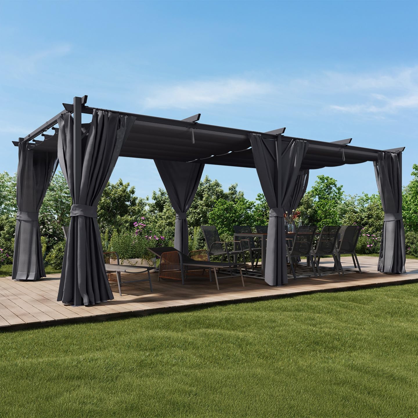 IDMarket - Pergola intégrale moustiquaire, toit rétractable 3x6m, 6 rideaux gris