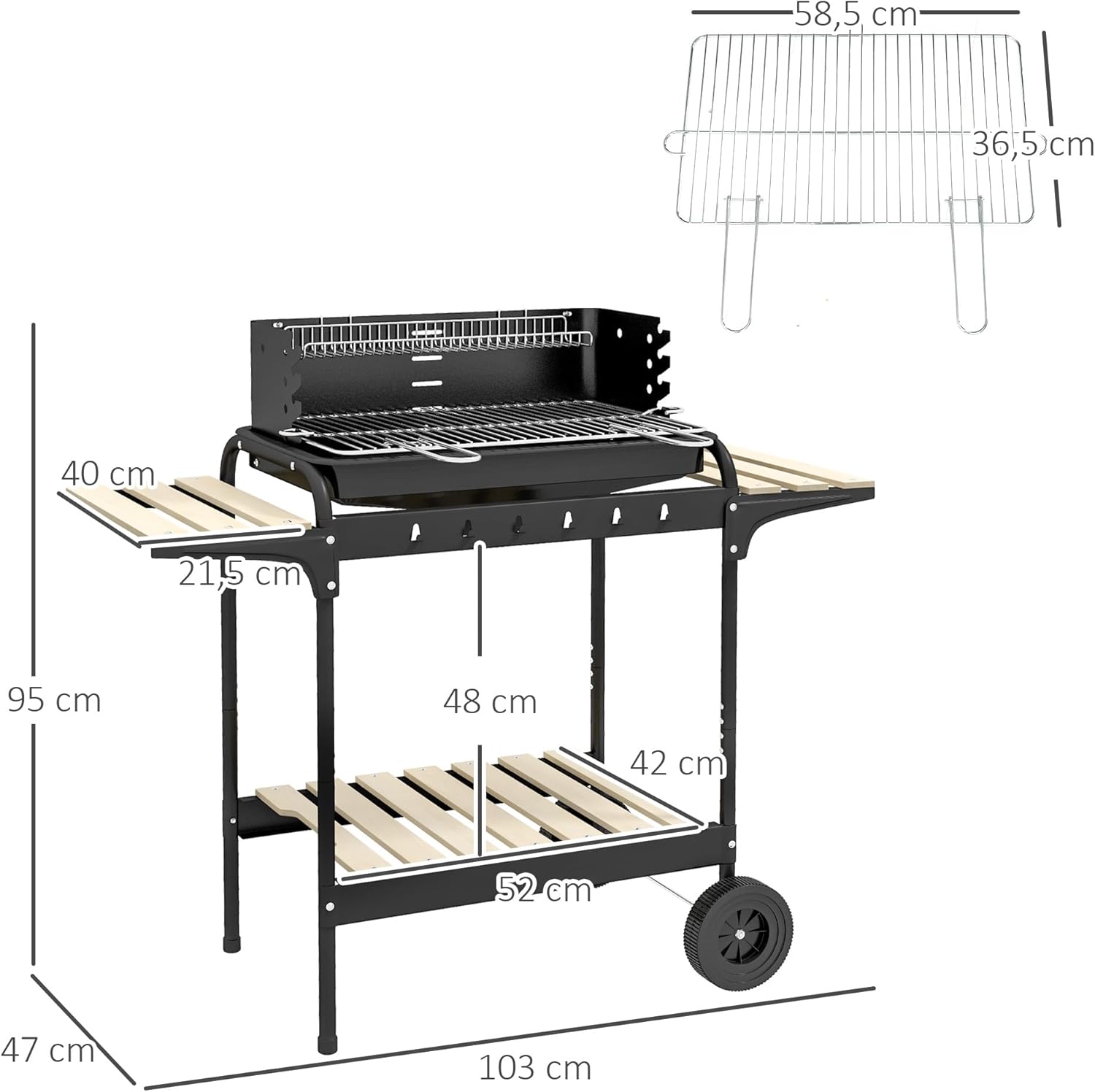 Outsunny - BBQ sur pied réglable - 103x47x95cm - 3 étagères, récupérateur de cendres, 2 roues