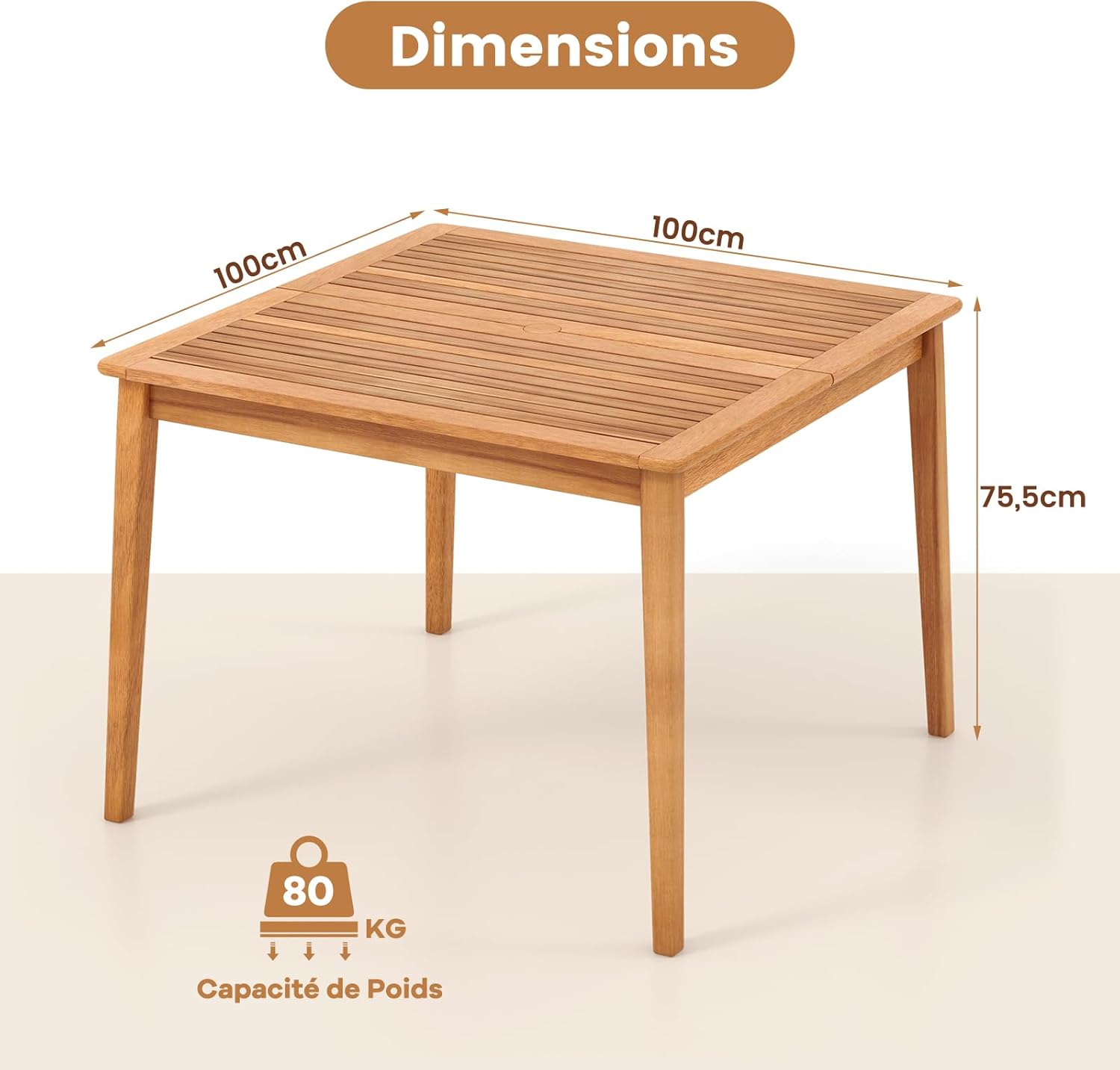 GOPLUS - table de jardin en bois d'acacia 100x100 cm - 4 places, trou pour parasol