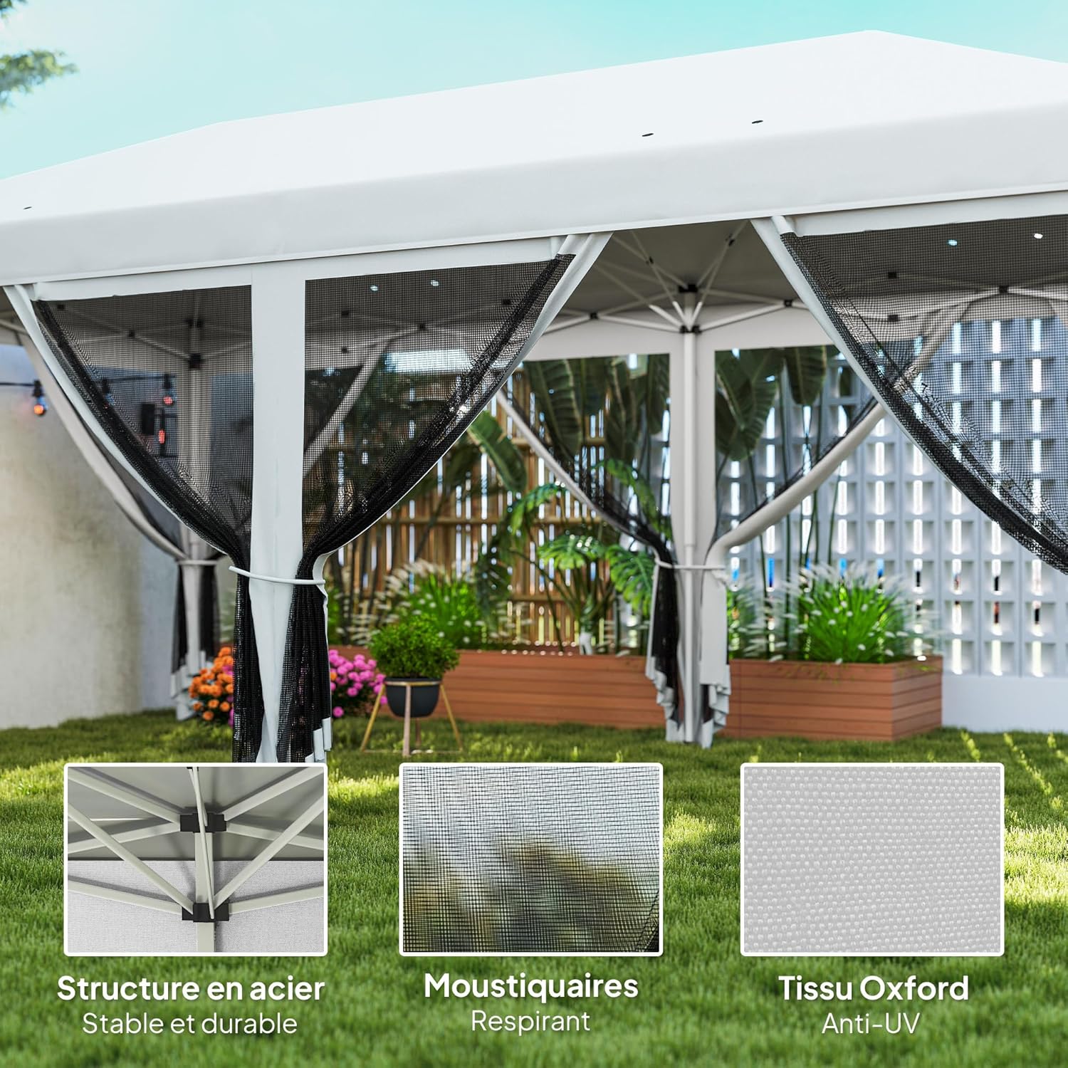 Outsunny Tonnelle Pliante tonnelle de Jardin extérieure Barnum Pliant Pop-up pavillon de terrasse 6 x 3 m Anti-UV moustiquaires Amovibles + Sac de Transport Blanc