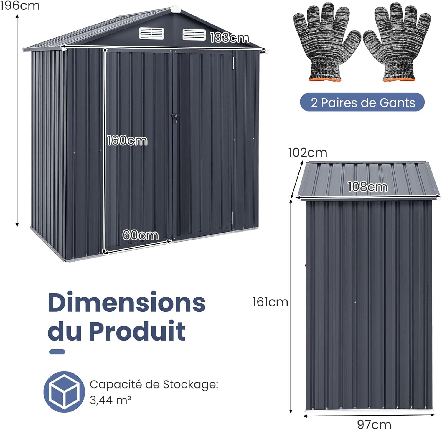 COSTWAY Abri de Jardin Métal Galvanisé 3,4 m³,Double Porte Verrouillable avec Clé, Cabane de Jardin Exterieur, Abri Rangement Exterieur pour Vélo, Poubelle, Outil