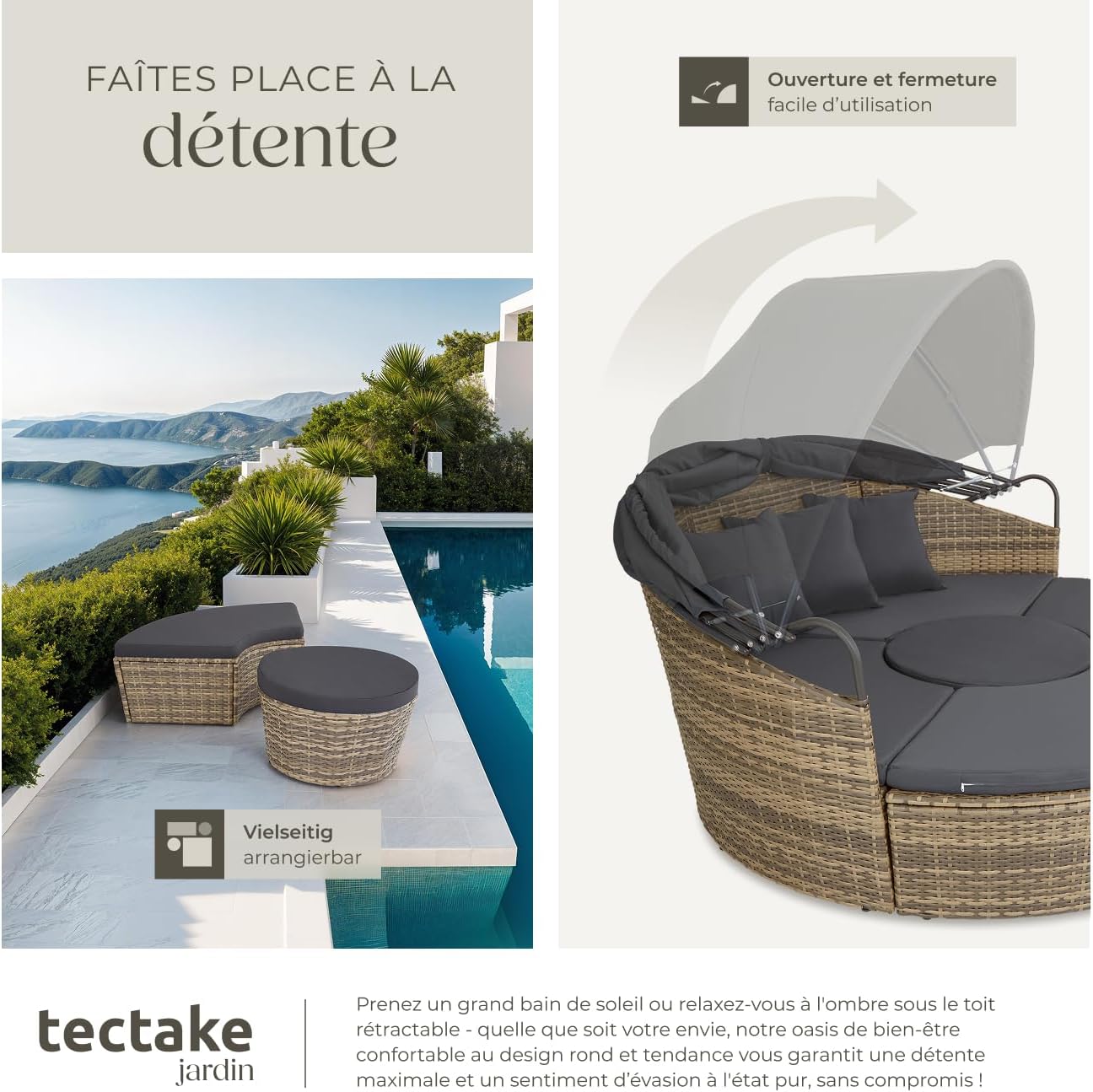 tectake - Bain de soleil modulable avec pare-soleil, coussins inclus, résine tressée, relax extérieur