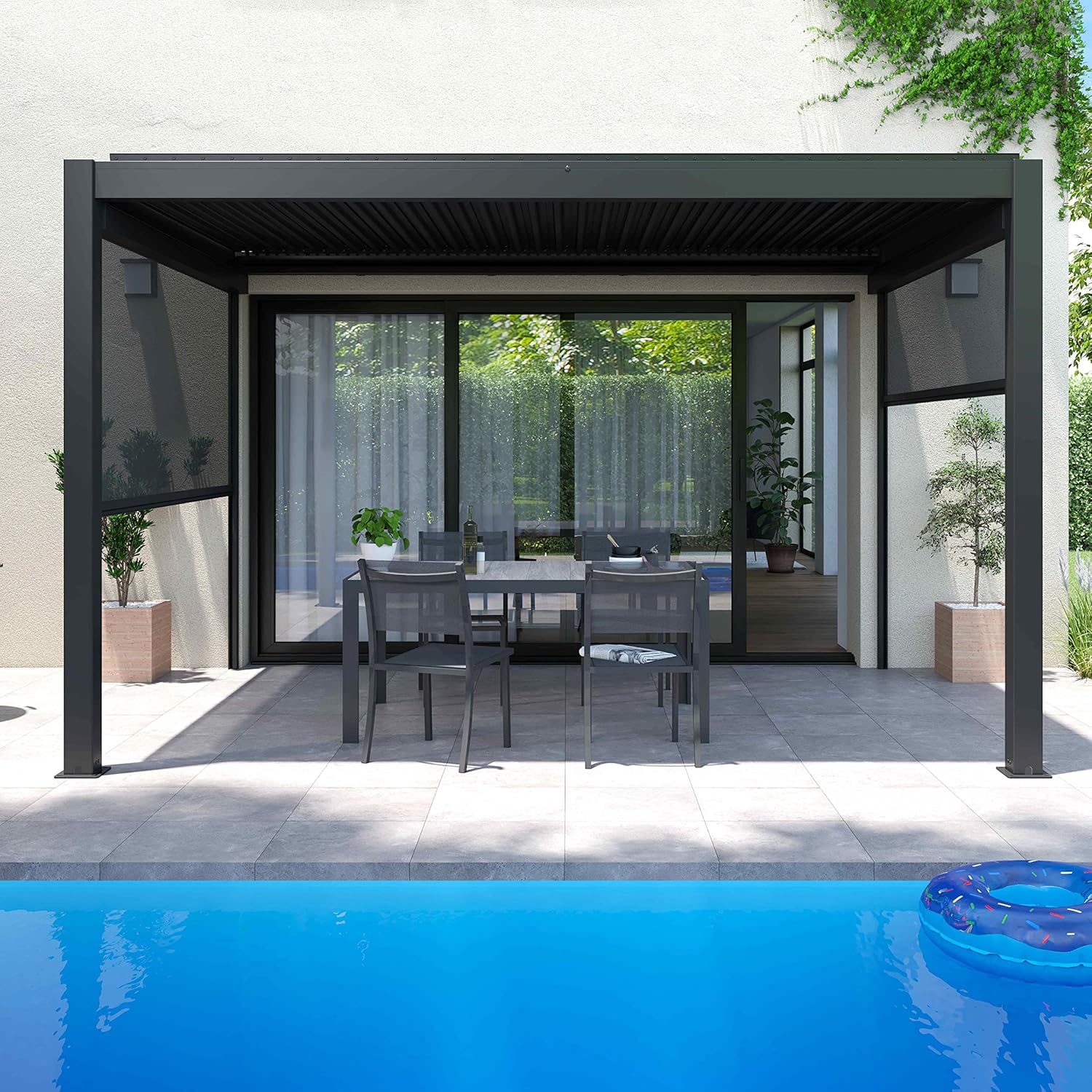 Oviala - Pergola bioclimatique adossée série Grise - 3x4m - avec 2 stores