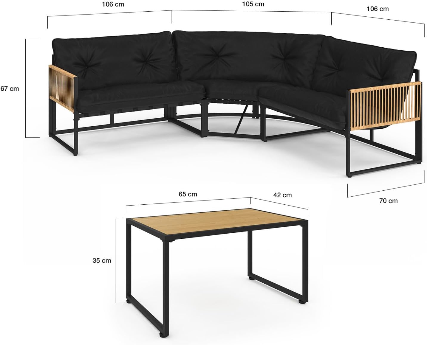 IDMarket - salon de jardin bas Rio - 6 places angle - métal et cordage rotin, coussins noirs