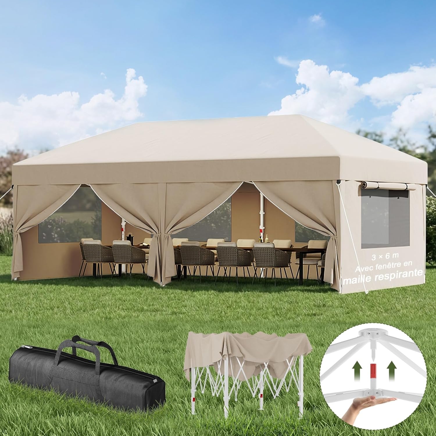 Devoko - Tonnelle pliante 3x6m - fenêtre moustiquaire, imperméable, UV50+