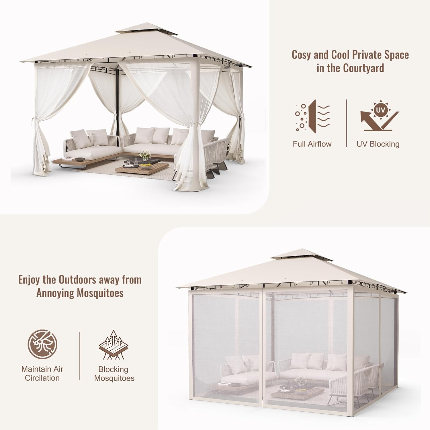 UDPATIO - tonnelle double toiture 3.4x3.4m, moustiquaire, métal solide, UDPATIO