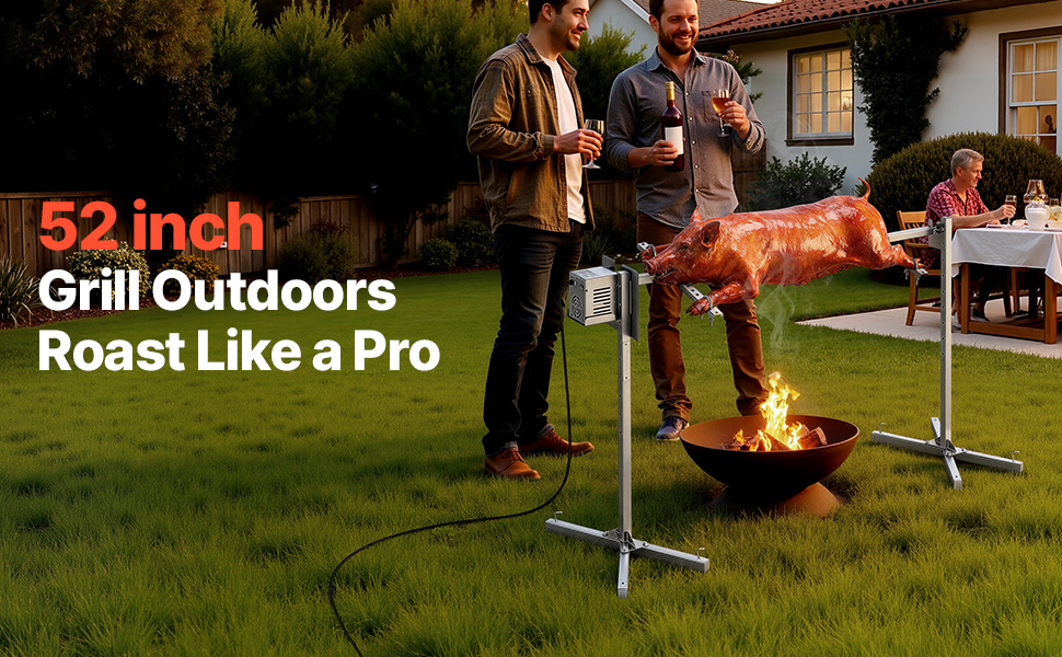 Le texte indique « 52 pouces » et « Grill Outdoors Roast Like a Pro ». Scène extérieure montrant une rôtisserie installée au-dessus d'un foyer avec cuisson de la viande.