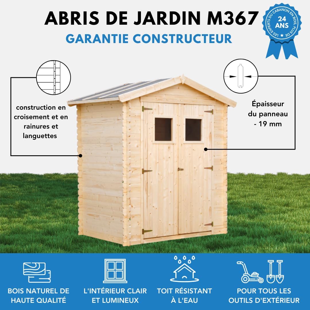 Timbela - abri de jardin bois, 1.98 m², toit étanche, fenêtres, M367