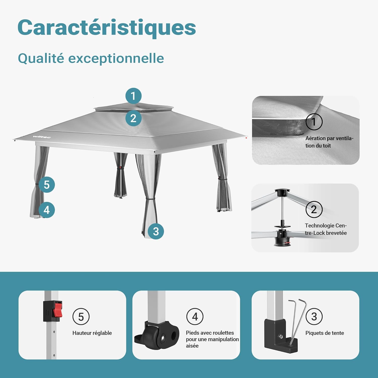 Wiltec - Pavillon pliant 4x4m - gris, moustiquaire, sac à roulettes