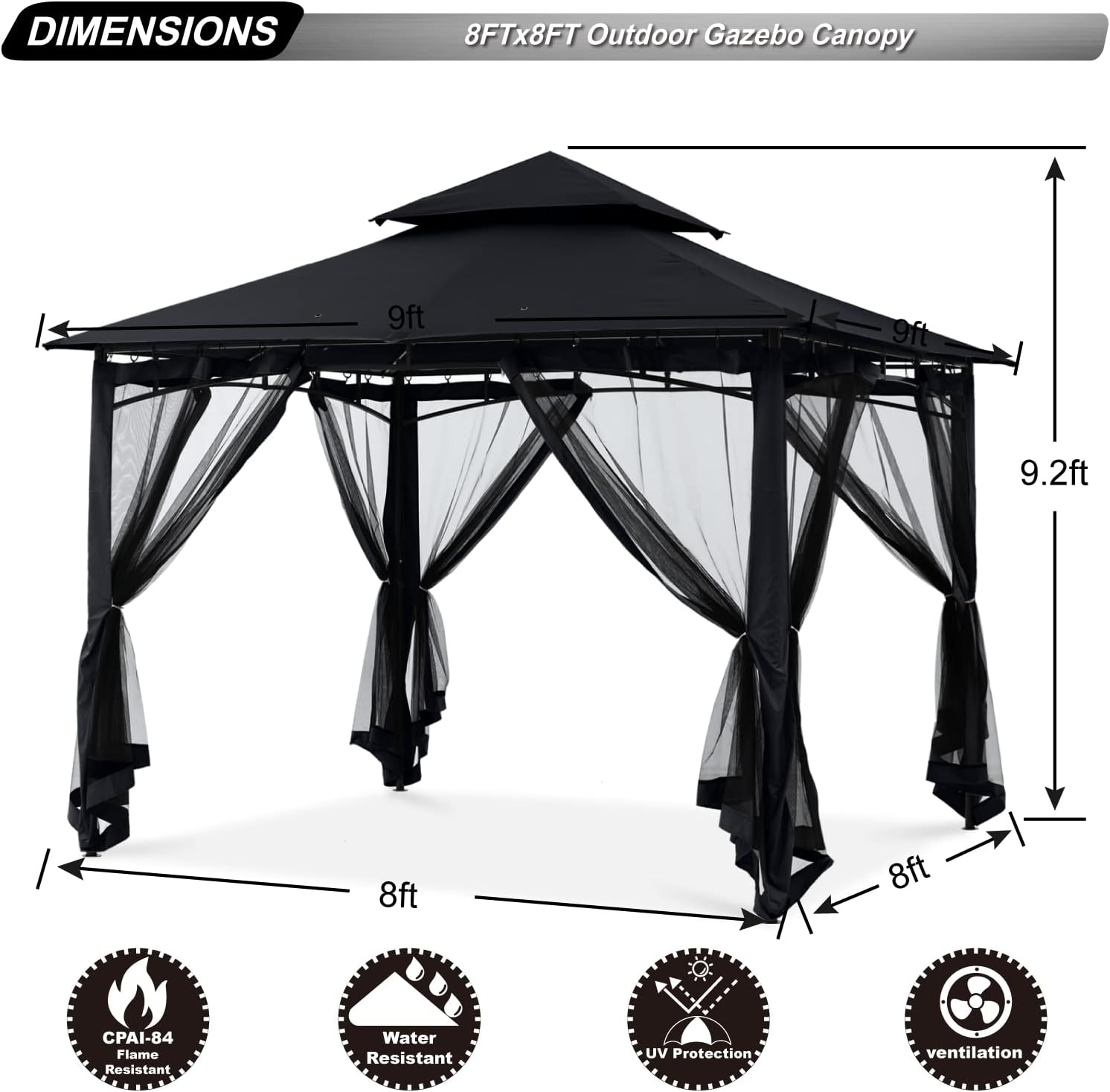 ABCCANOPY - tonnelle double toit 2,5x2,5m, filet ombre/pluie noir