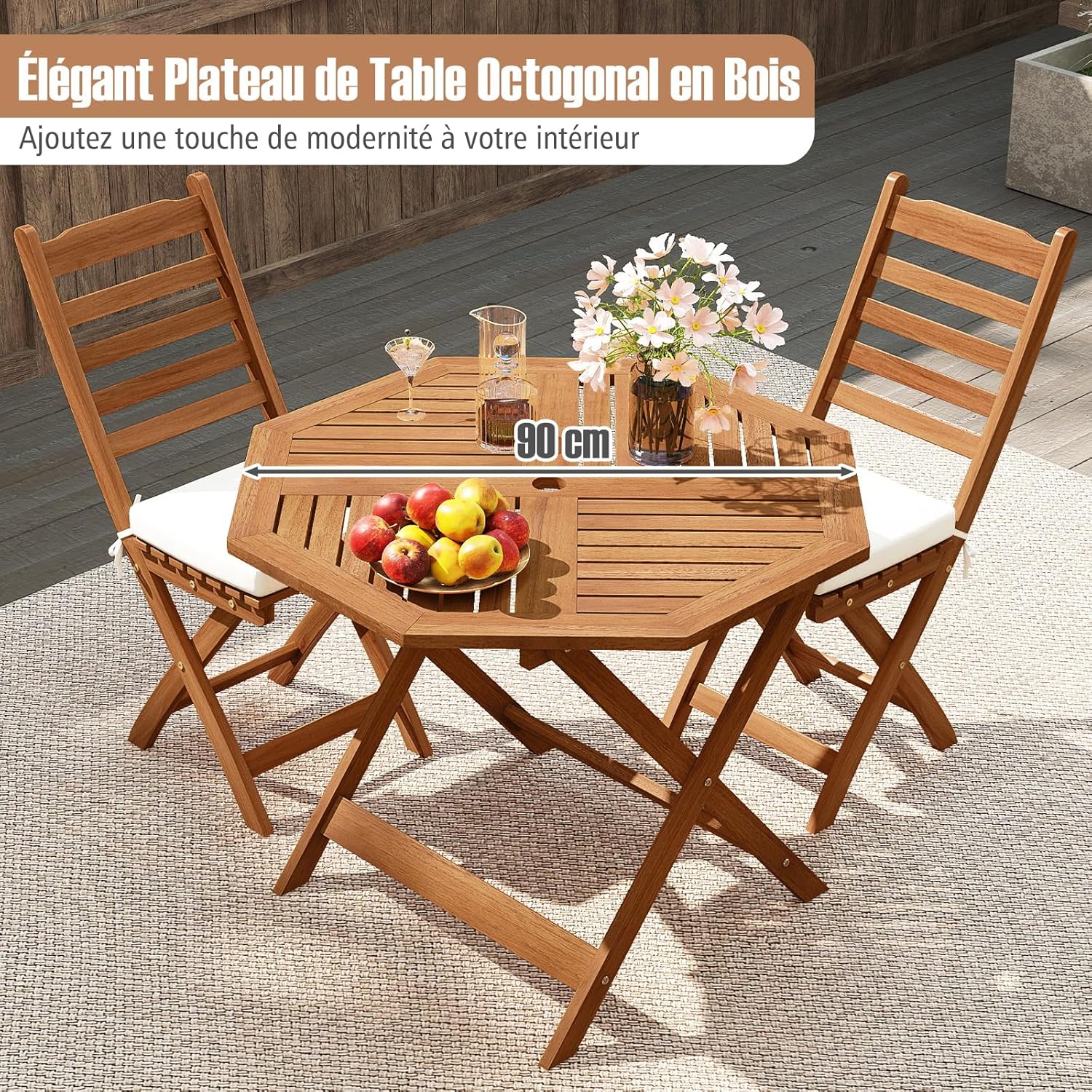 GOPLUS - Table de jardin octogonale - 90x72cm - bois, plateau lattes, trou de parapluie, charge 30kg