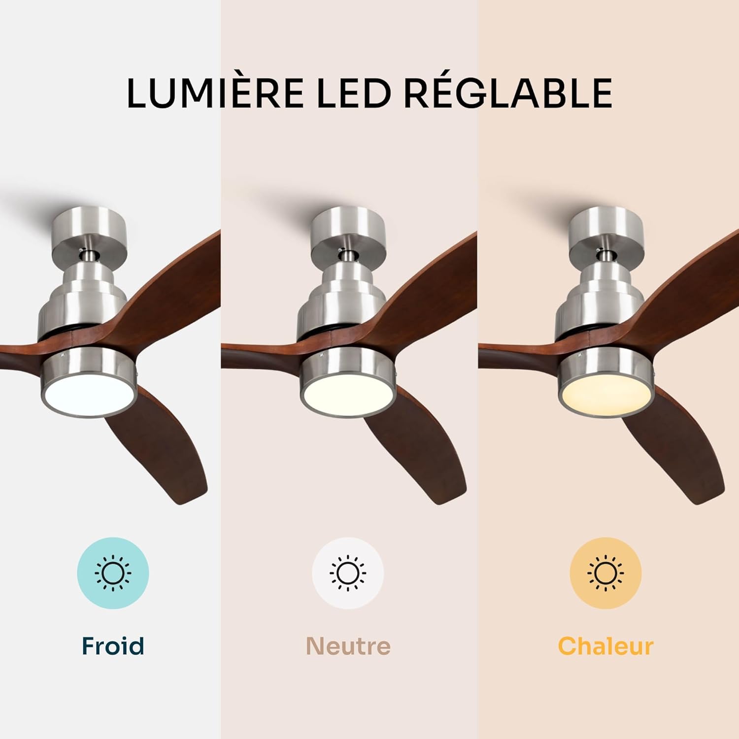Mellerware - Ventilateur de plafond avec télécommande Brizy! Bright 45W | Lampe puissante | Ultra silencieux | 3 lames | Diamètre 132cm | 6 vitesses | Refroidissement + LED intégrée | Bois foncé