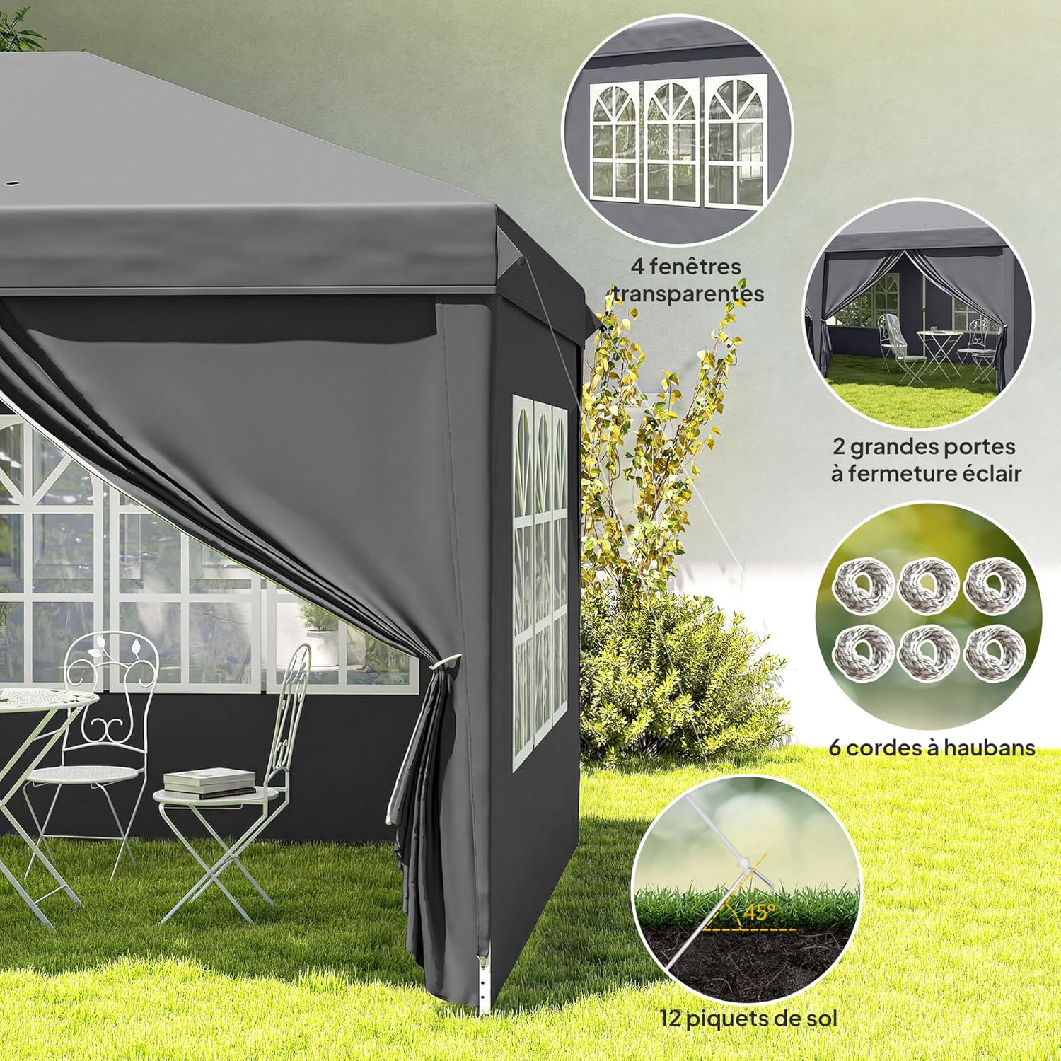 Outsunny - Tonnelle pliable 3x6m acier renforcé, côtés amovibles, gris