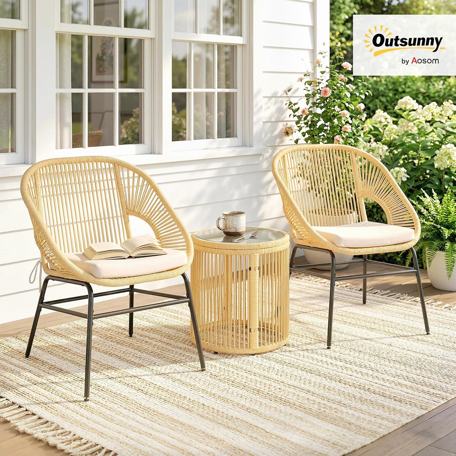 Outsunny - ensemble bistro 3 pcs - fauteuils confort, table verre - coussins déhoussables, résine tressée, beige