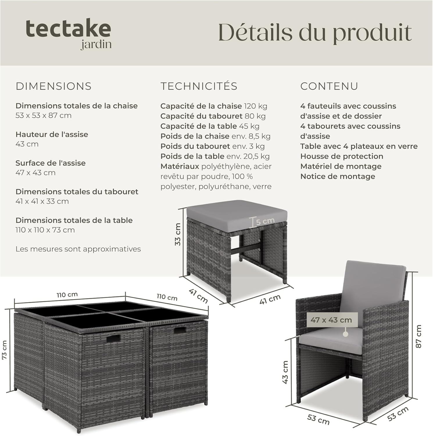 tectake - Salon de jardin gris 4 chaises, 4 tabourets, housse, polyrotin