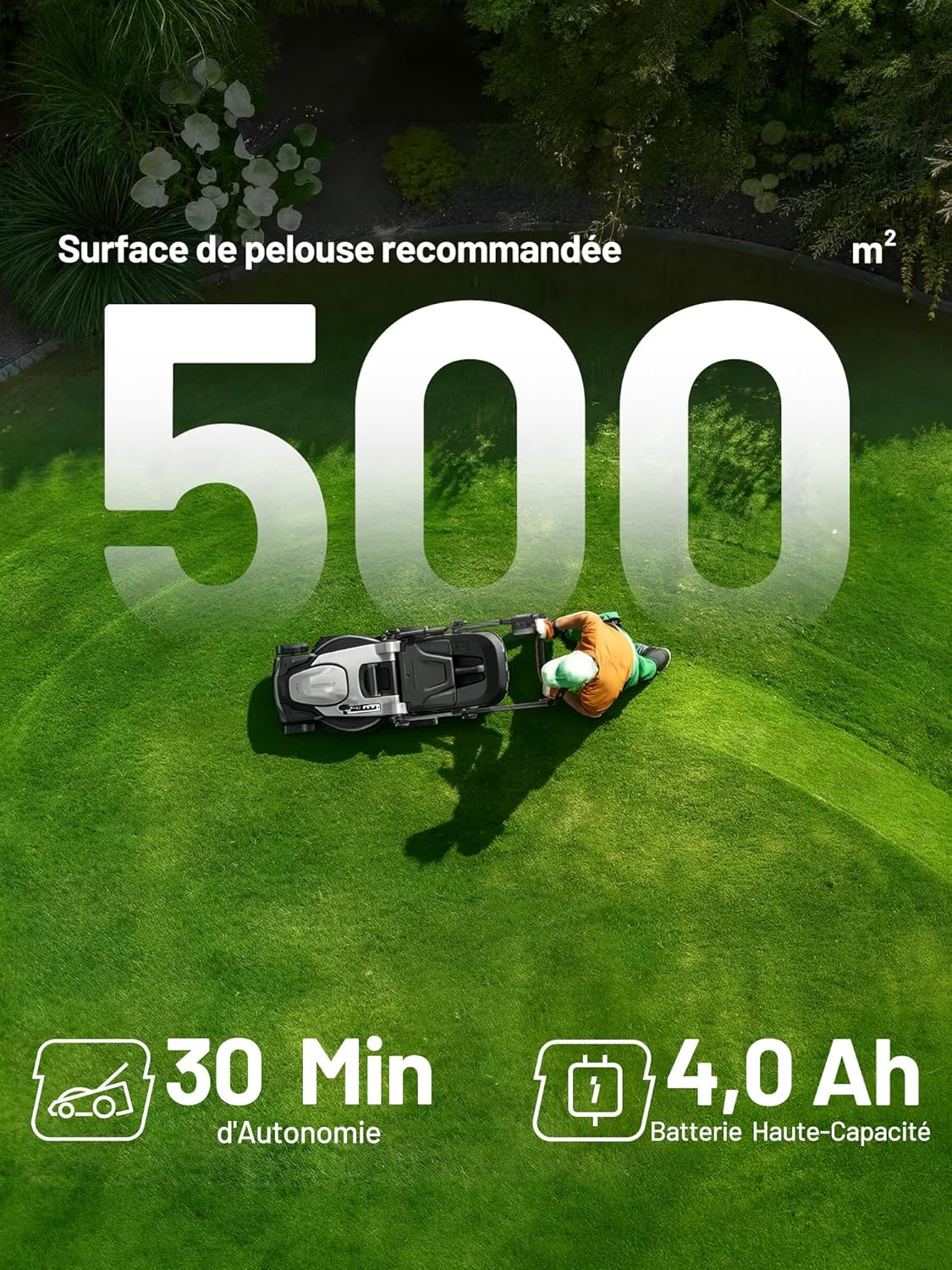 Litheli - Tondeuse Brushless 43cm, 2x20V/4.0Ah, réglable, bac 40L, jusqu'à 500m²