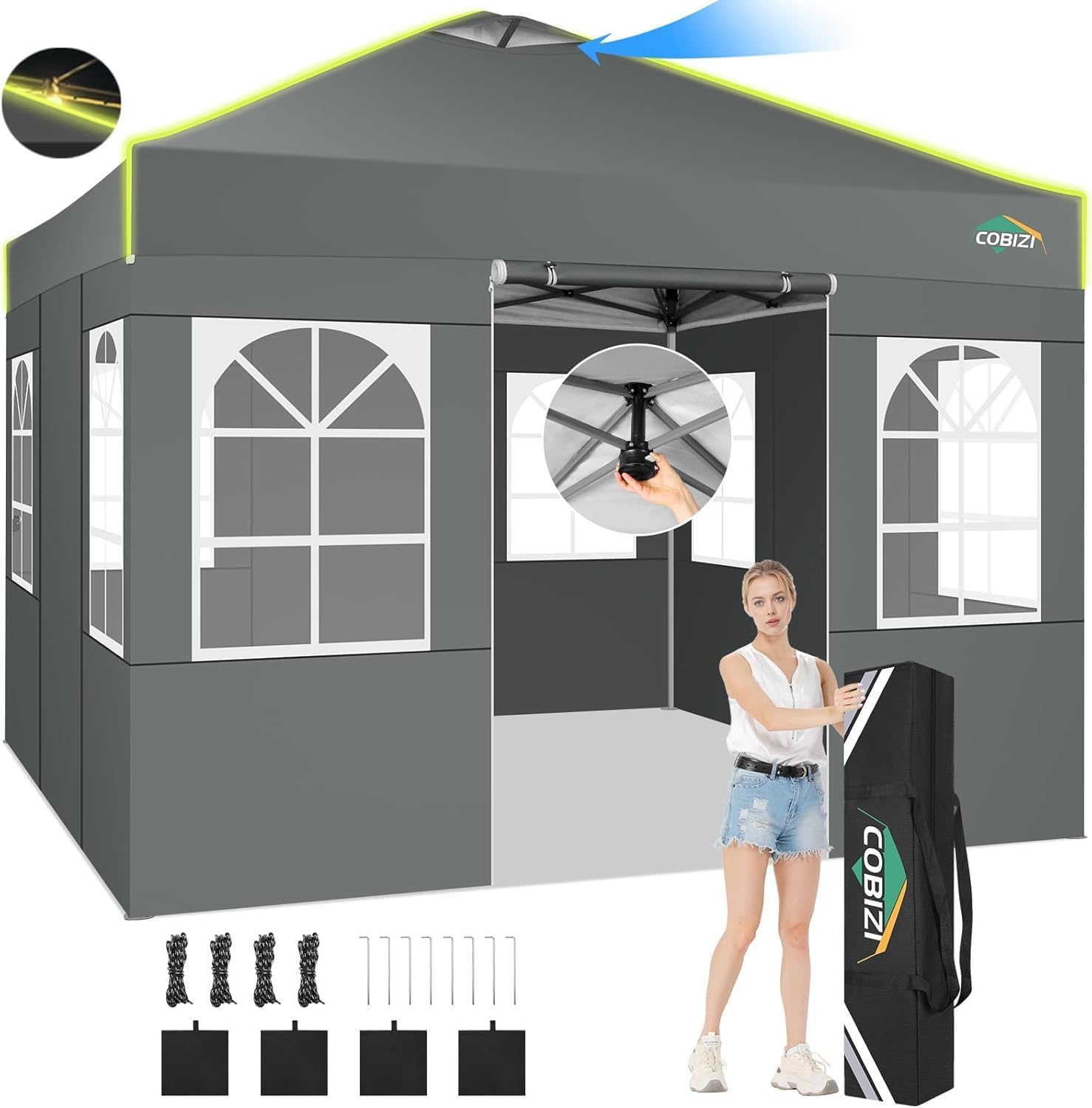 COBIZI - Tonnelle pliante série UV 50+ - 3x3m - verrouillage central, bandes fluorescentes, 4 parois