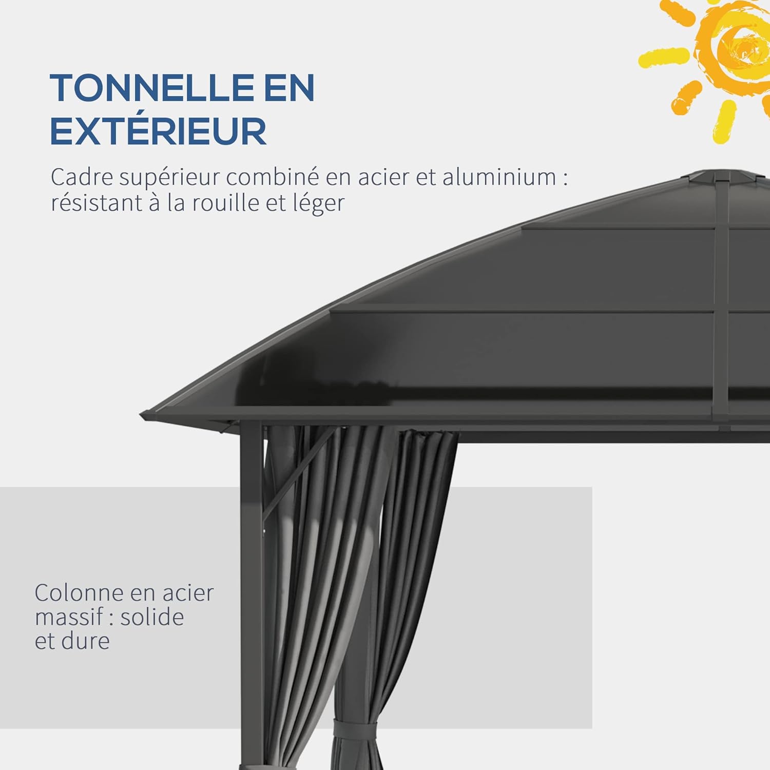 Outsunny - pavillon jardin aluminium 3x3m toit polycarbonate UV60+
