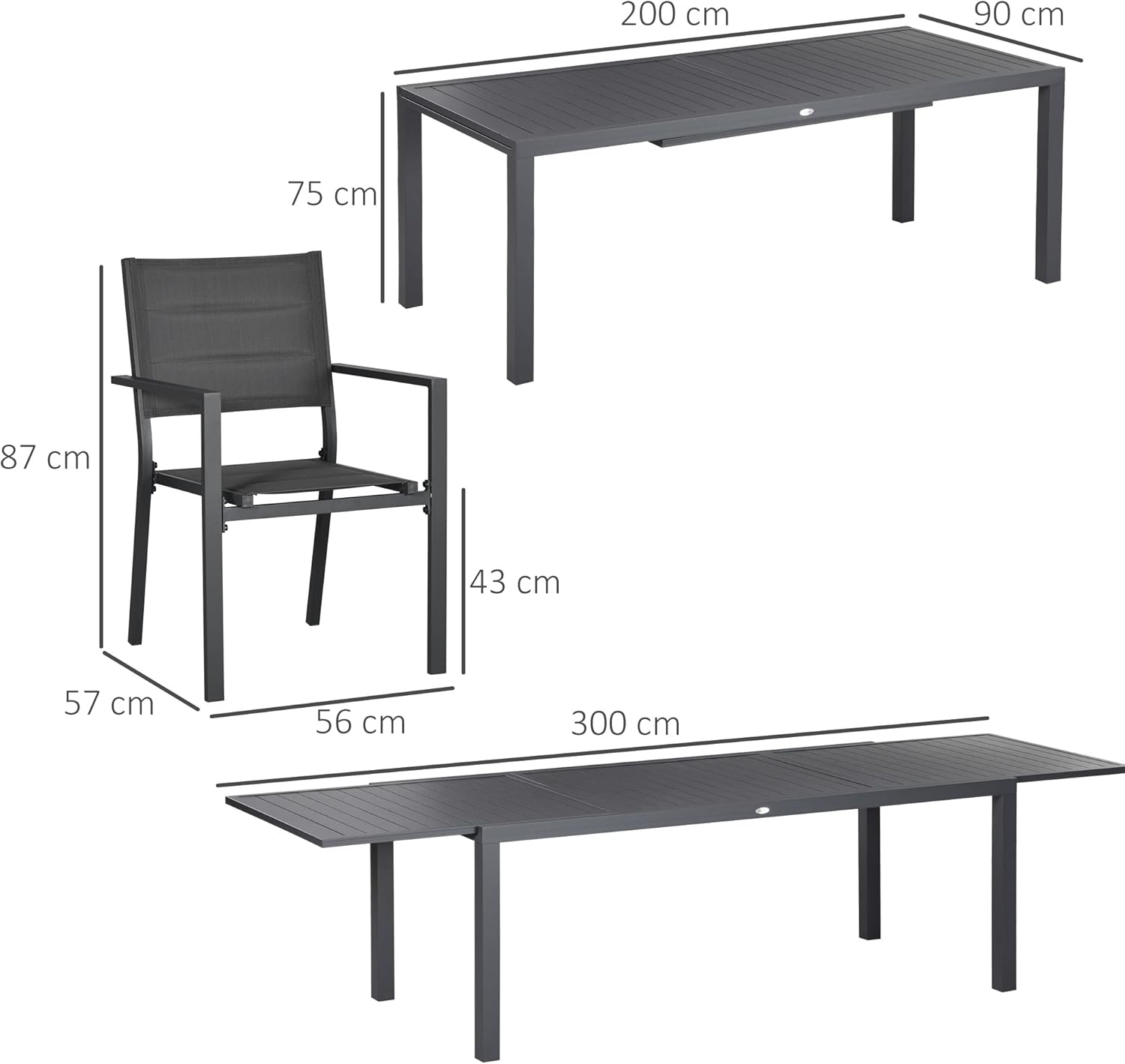 Outsunny - Salon de jardin alu textilène extensible - 200/300x90x75cm - 12 chaises empilables