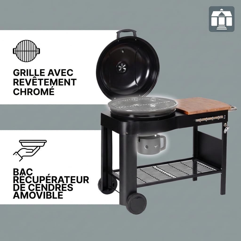 Tarrington House - Barbecue Calgary - acier/bois - couvercle thermomètre, tablettes, 2 roues, noir