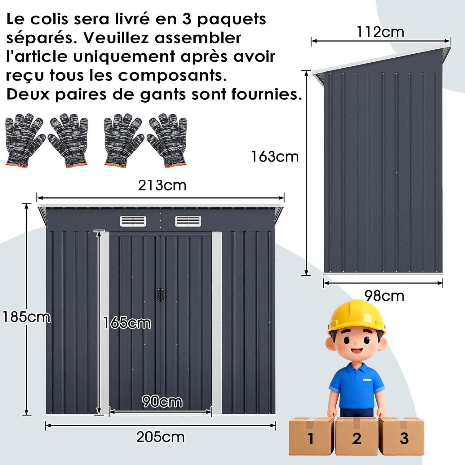 RELAX4LIFE Abri de Jardin en Métal 4m³ avec Toit Incliné, Porte Coulissante Verrouillable et Aérations, Cabane à Outils Extérieur pour Jardin, Cour, Pelouse, Patio, 213 x 112 x 186 CM