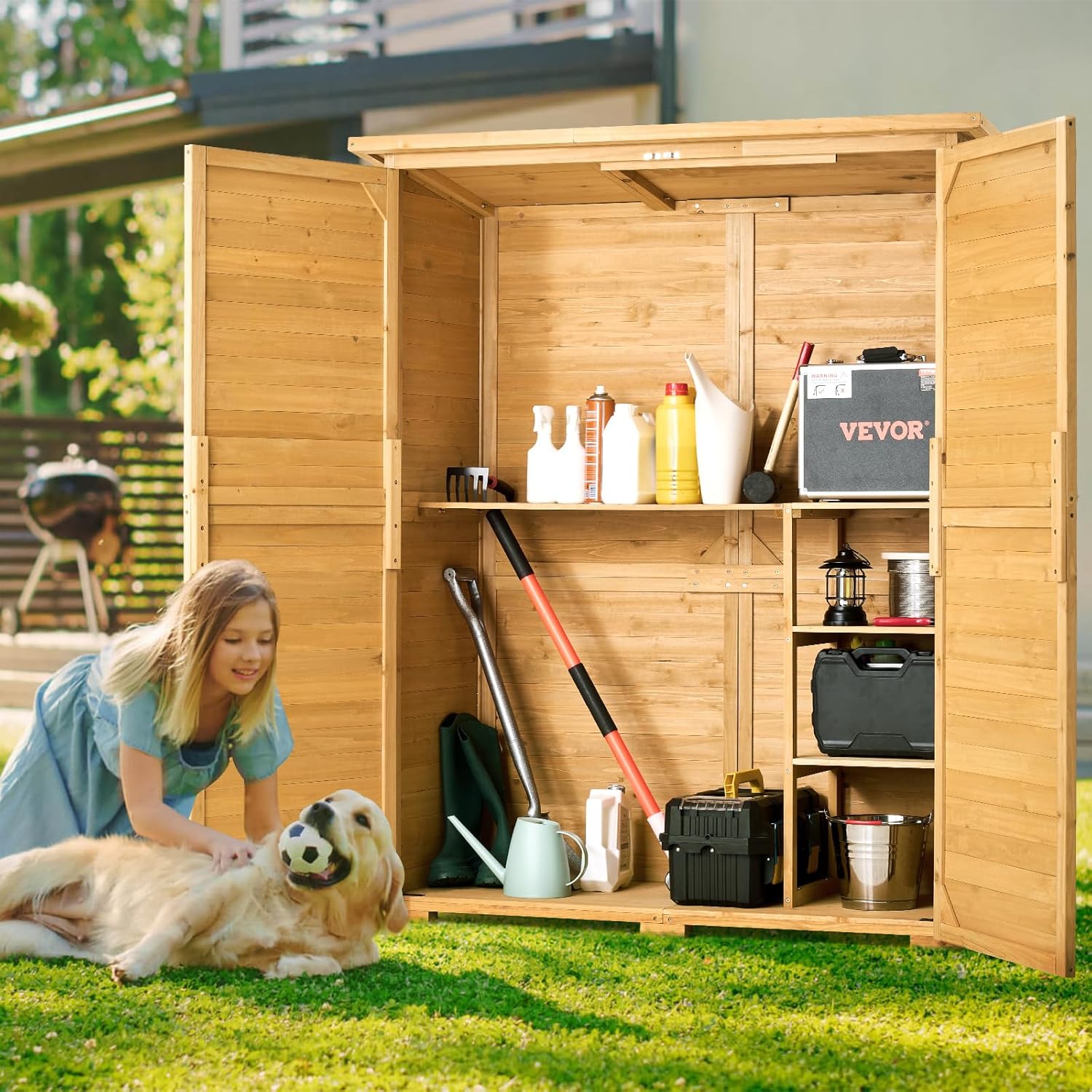VEVOR - Abri de Jardin bois, 1400x600x1715 mm, toit étanche, cadre métal, portes doubles à serrure