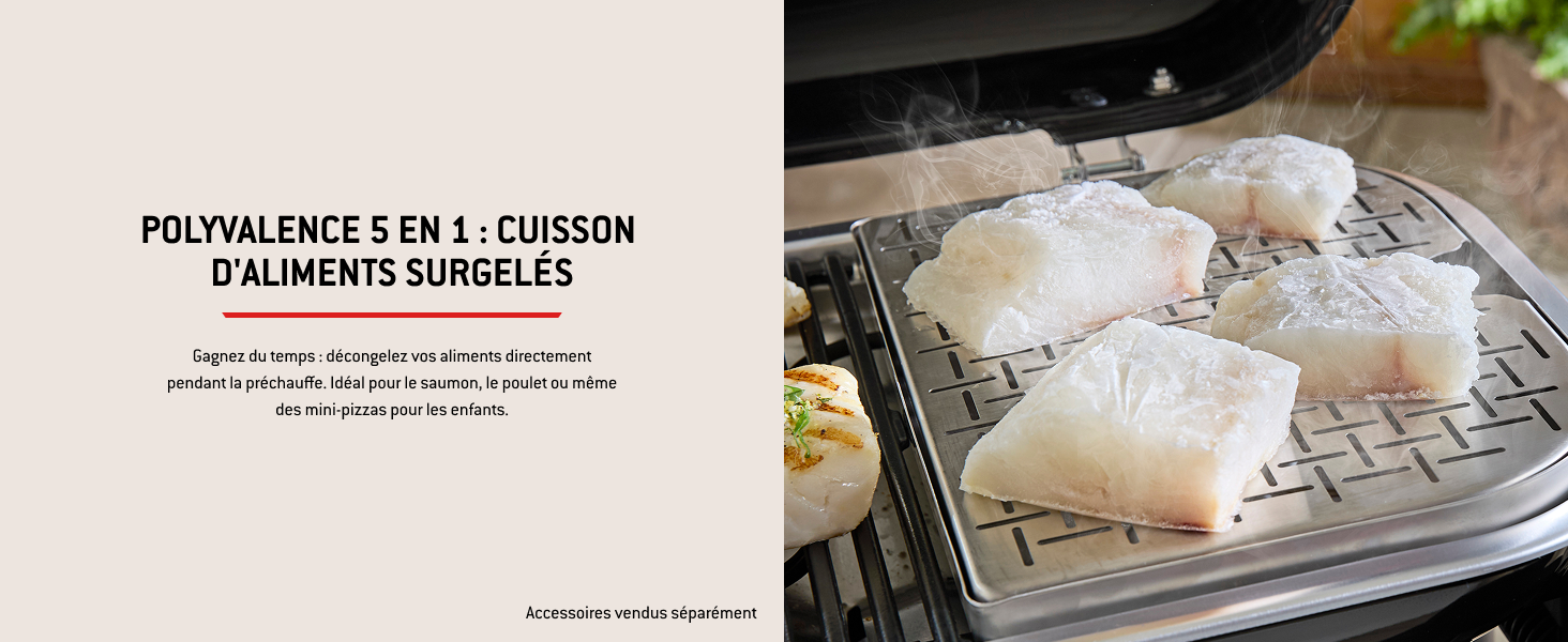Le texte indique « POLYVALENCE 5 EN 1 - CUISINE » et « D'ALIMENTS SURGELÉS ». Équipement de cuisine commercial présenté avec des scènes de préparation des aliments et des spécifications du produit.