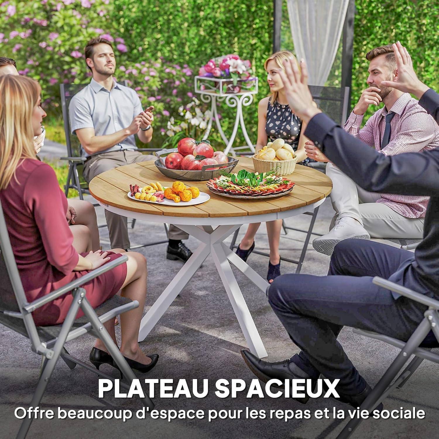 Outsunny - table ronde de jardin ø118 cm - aluminium, effet bois, pieds réglables