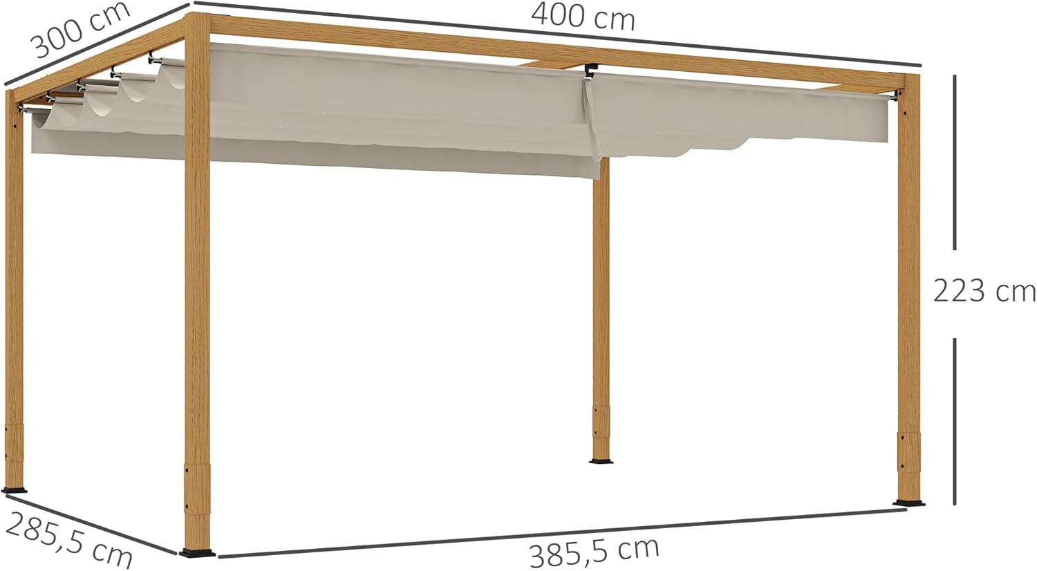 Outsunny - Pergola aluminium série bois naturel - 4x3m - toit rétractable, drainage intégré