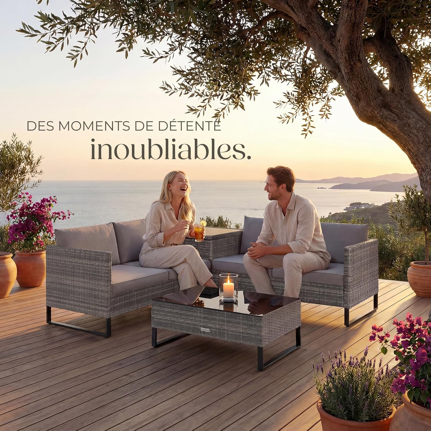 tectake - Salon de jardin modulable 4 places, table verre, coffre, coussins