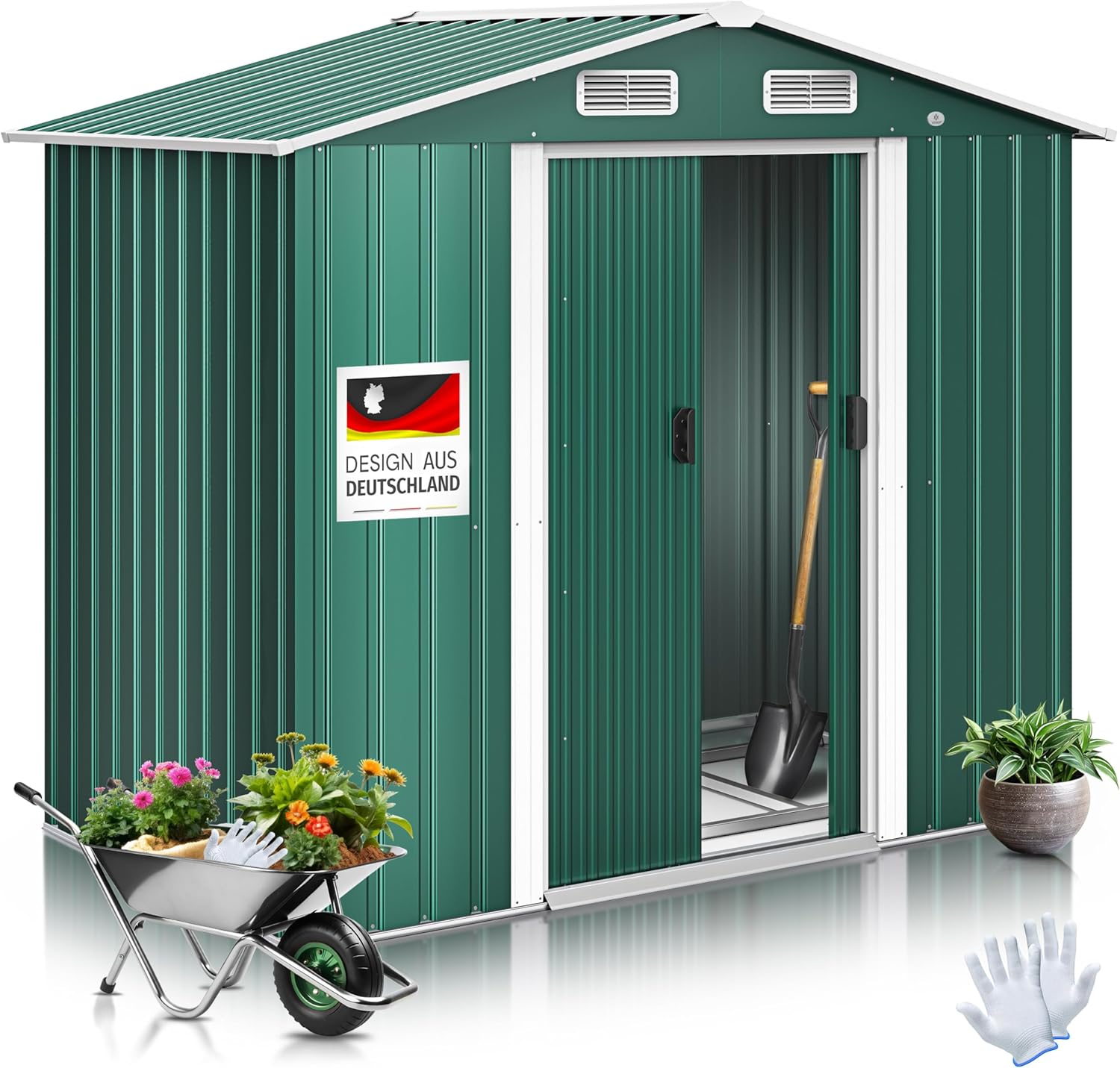 KESSER® Abri de Jardin XL en métal de 4,2 m³ avec Fondation, Gants de Travail, 182 x 118 x 186 cm, 2 Portes coulissantes, Abri à Outils, Armoire, Toit à Pente de Jardin Vert