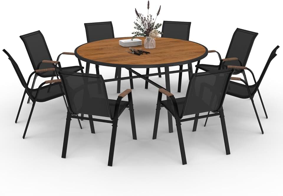 IDMarket - Noumea - Table ø150 cm et 8 chaises empilables, verre et bois