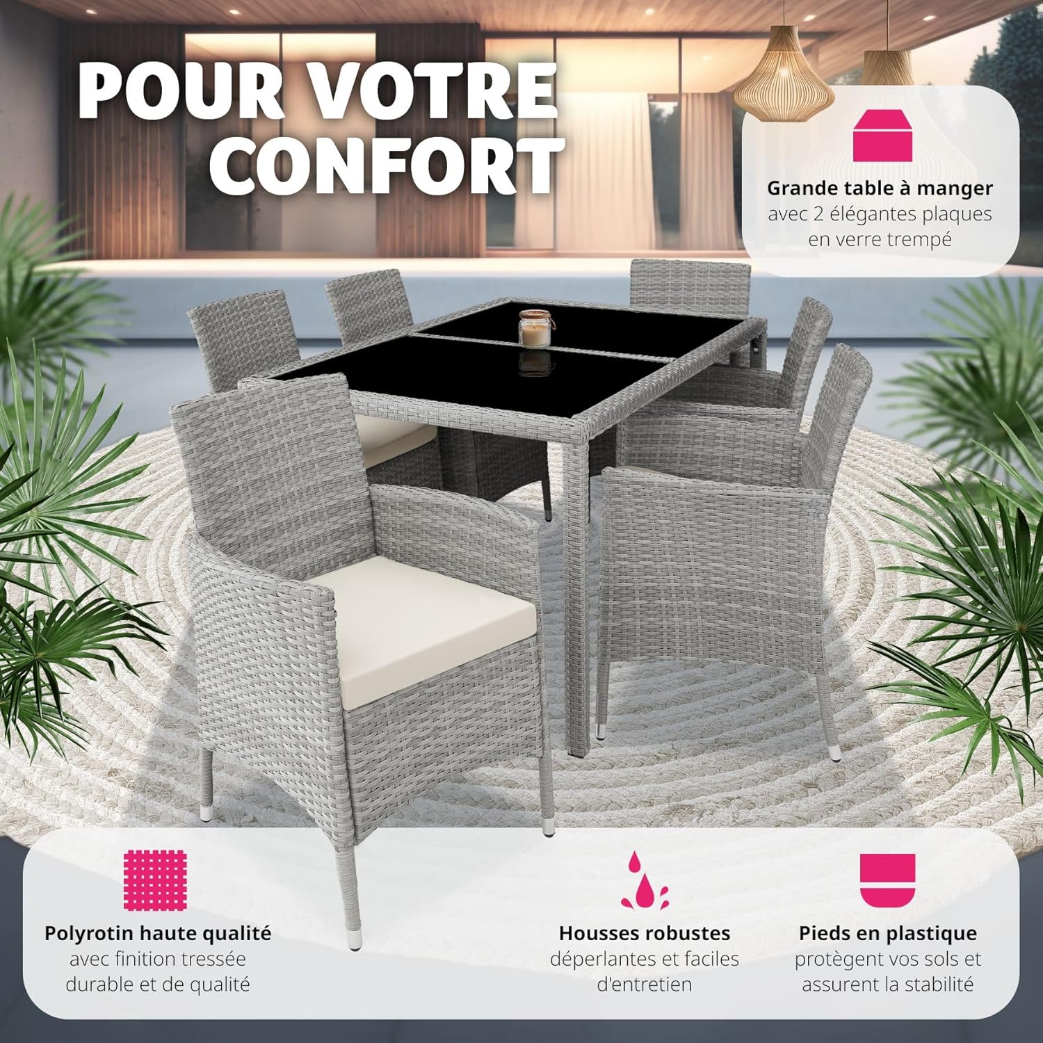 tectake - Salon jardin poly rotin, table et 6 chaises, UV, gris clair/crème