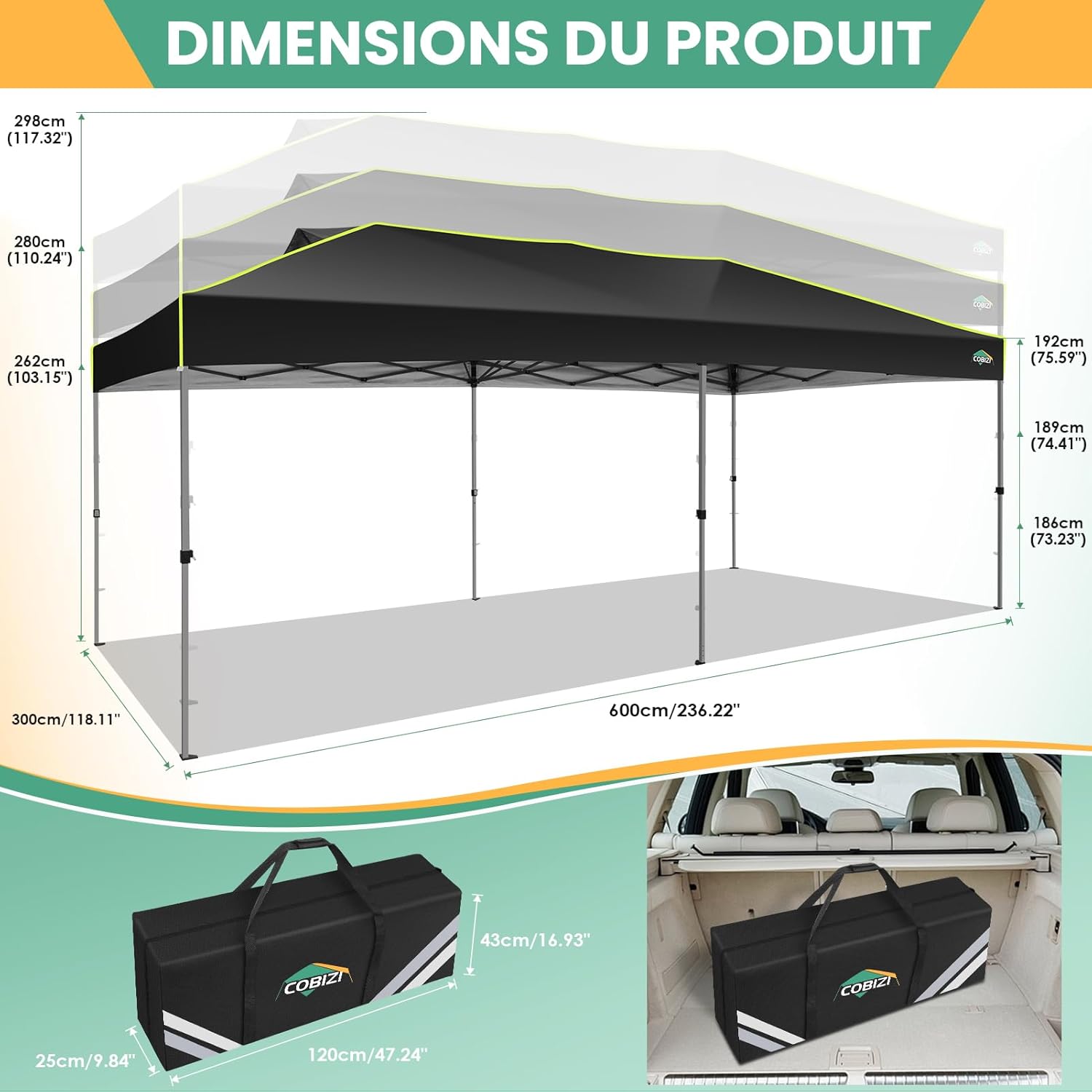 COBIZI - tonnelle pliante série avec verrouillage central 3x6m, UV 50+