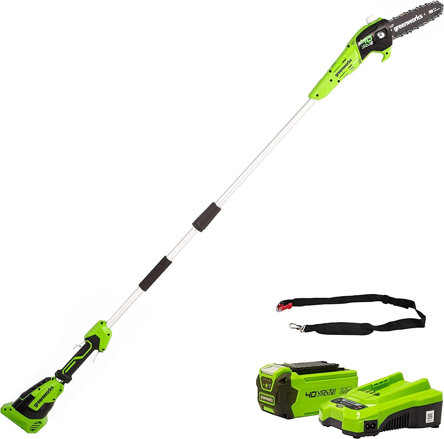 Greenworks G40PSFK2 Élagueuse sur Perche, Longueur des barres 8 Pouces (20cm), Vitesse 8 m/s, 3,64 kg, Graisseur Automatique, Portée 2.58 m, Batterie 40V 2Ah, Chargeur, Garantie 3 Ans