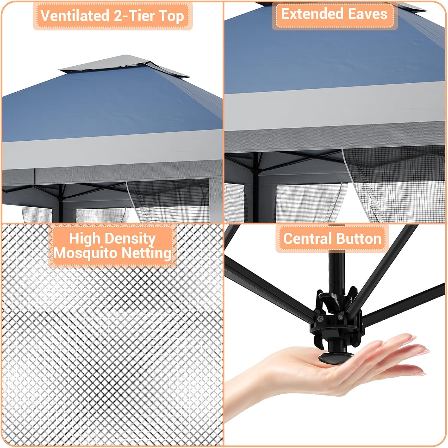 Garvee - Tonnelle pop-up série jardin - 3,96x3,96m - toit double imperméable, moustiquaire, hauteur réglable