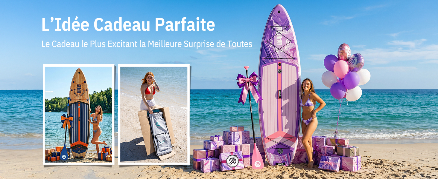 Le texte se lit comme suit : « L'Idée Cadeau Parfaite » et « A Graver, à offrir, à broder, à créer soi-même ou à laisser libre cours à son imagination ». Scène de plage avec plusieurs personnes tenant des planches de surf et des objets gonflables.