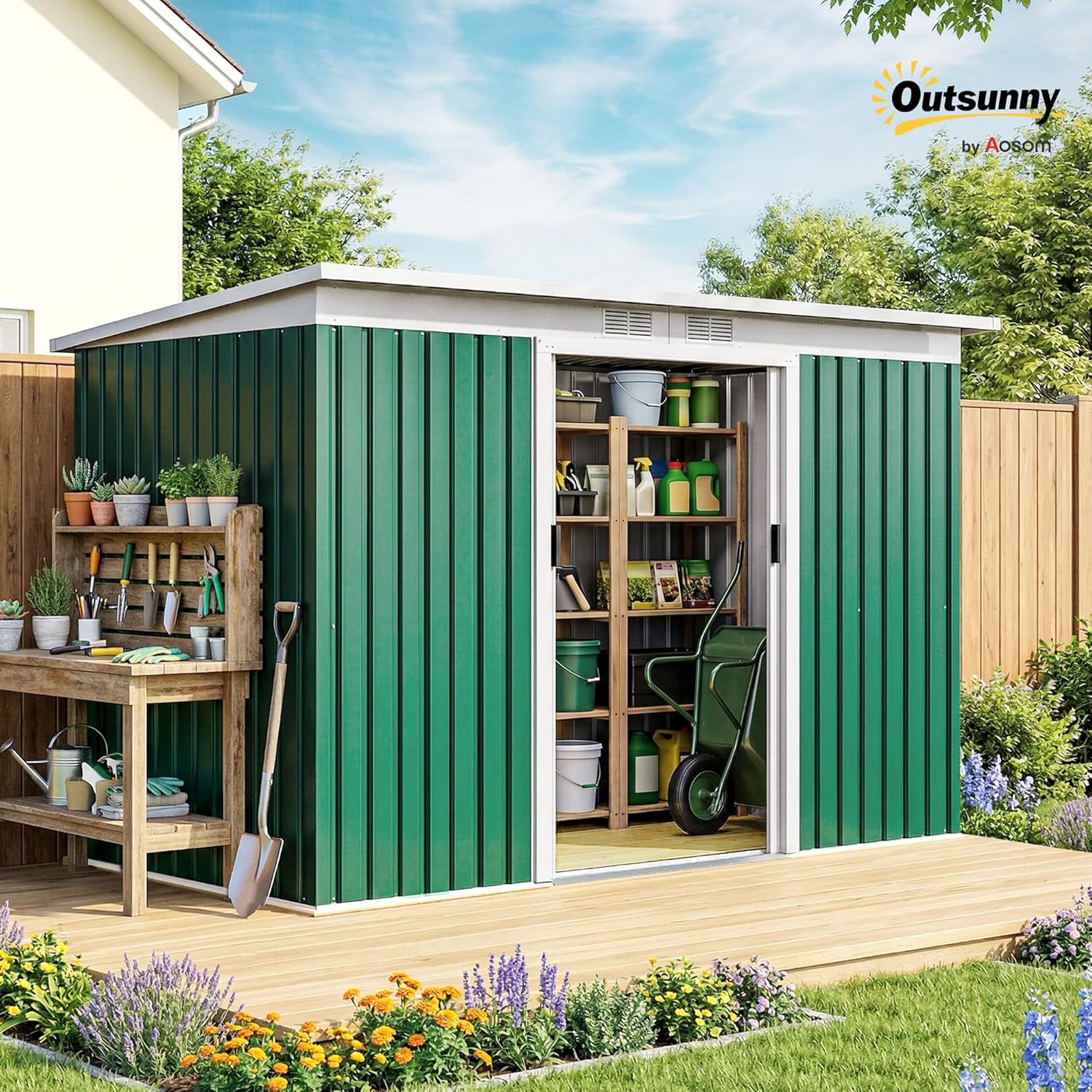 Outsunny Abri de Jardin en Acier galvanisé XXL 3,6 m² avec kit de Fondation 280 x 130 x 172 cm, cabane de Jardin cabanon Rangement Outils avec Portes coulissantes verrouillables aérations, Vert foncé