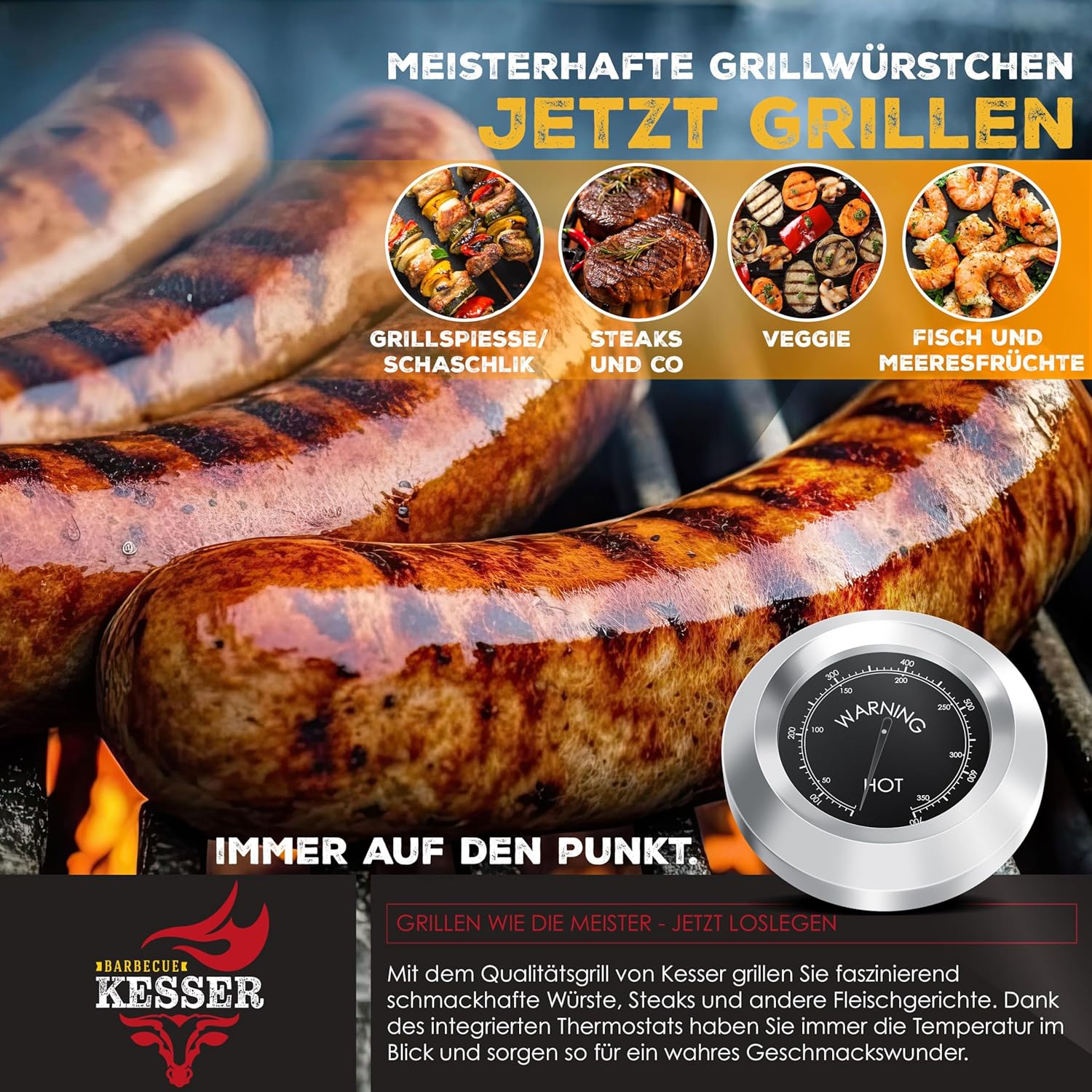 KESSER - Grill Chariot XL - barbecue charbon, couvercle, roues, thermomètre, accessoires