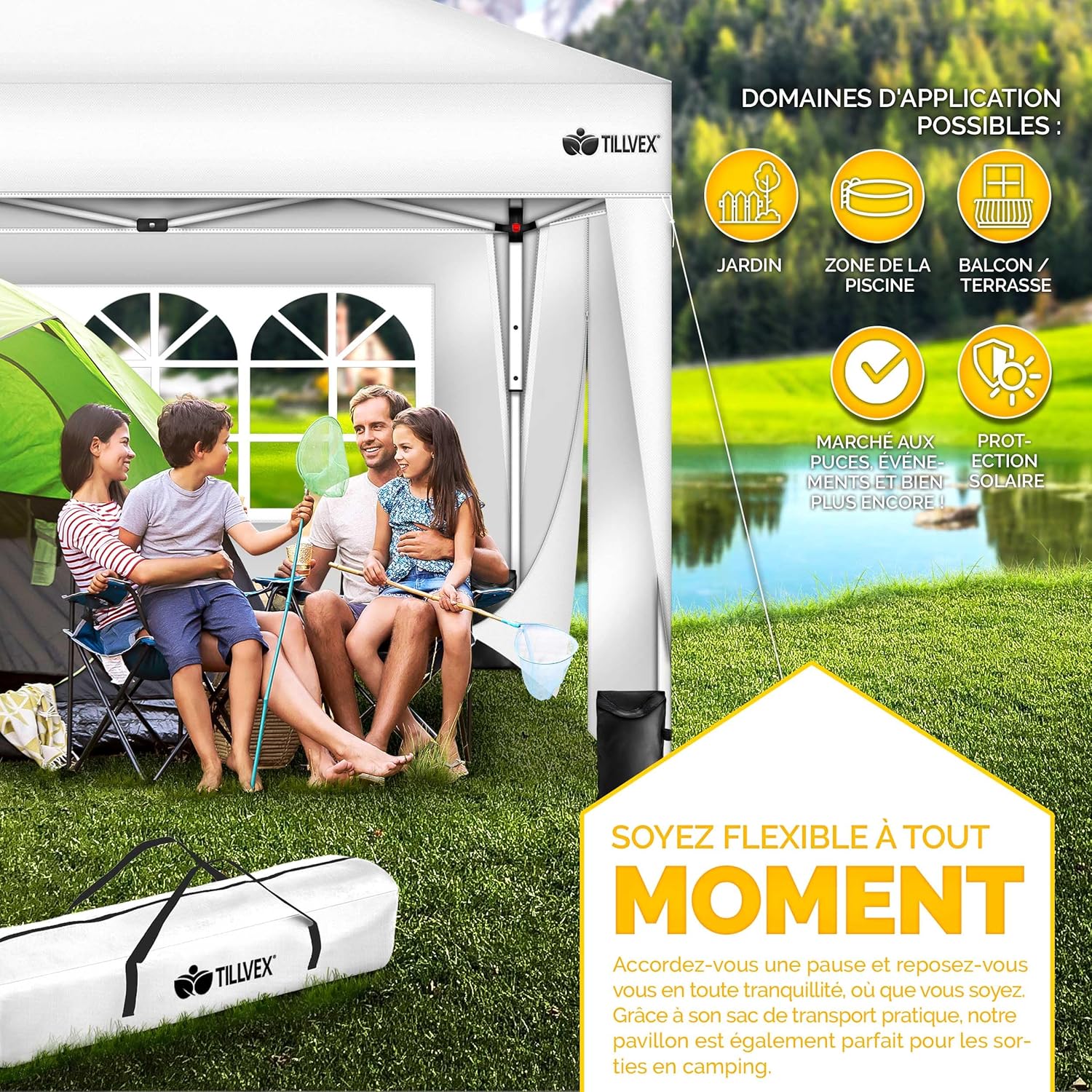 tillvex - Tonnelle pliante série Jardin - 3x3m - hauteur réglable, 2 côtés, UV50+, sac