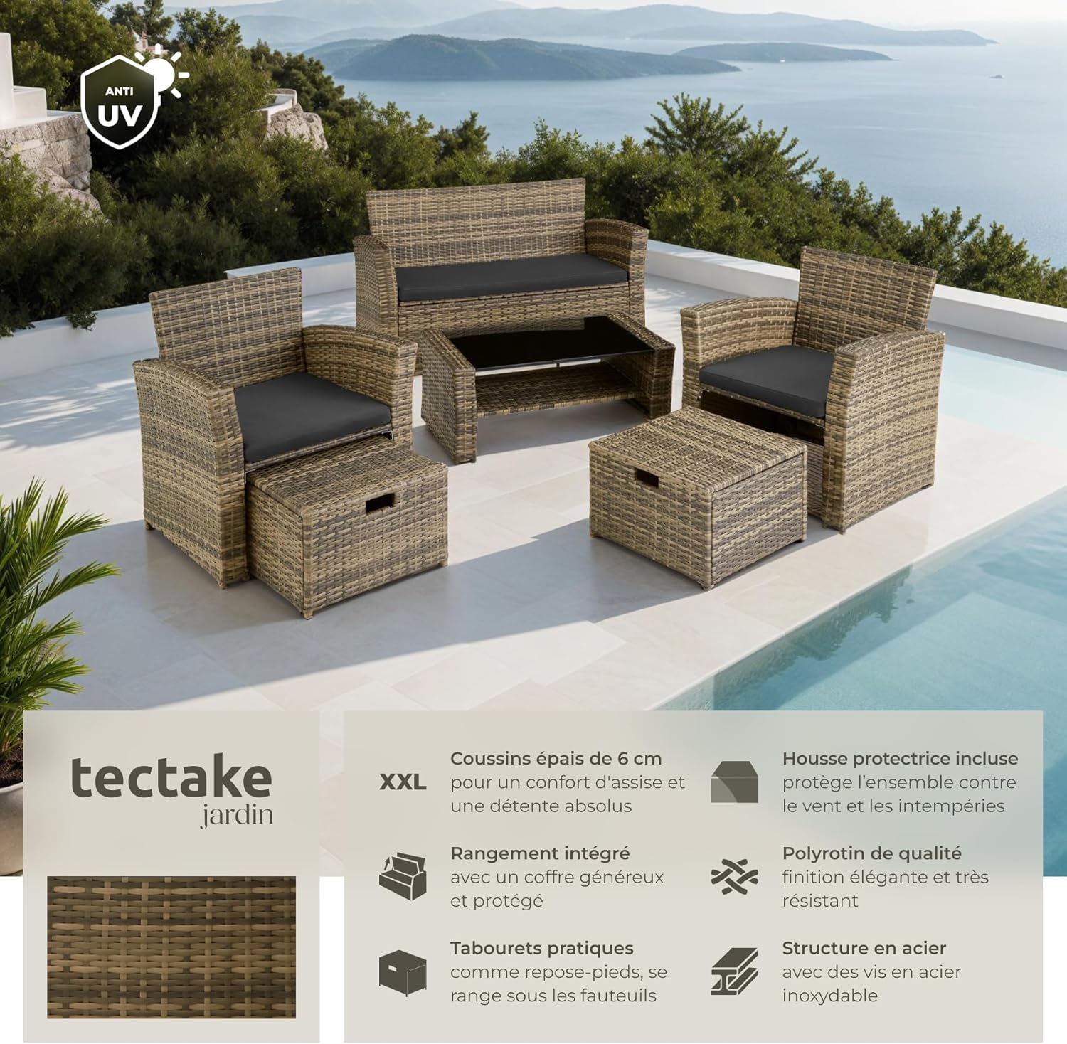 tectake - Ensemble salon de jardin 6 places - poly rotin, coussins épais, table basse, marron naturel