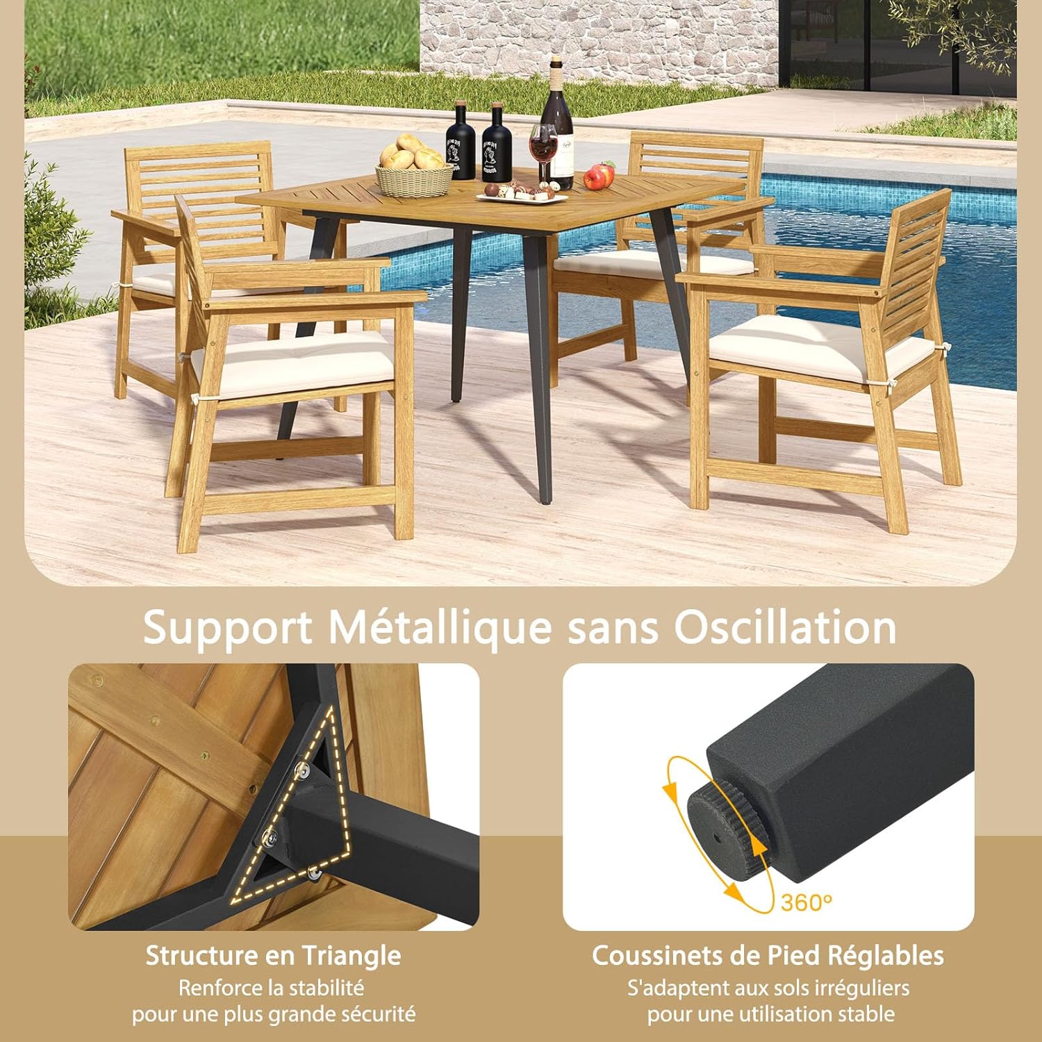 GOPLUS - table de jardin 107x75cm - bois d'acacia, métal, 75kg, trou parasol