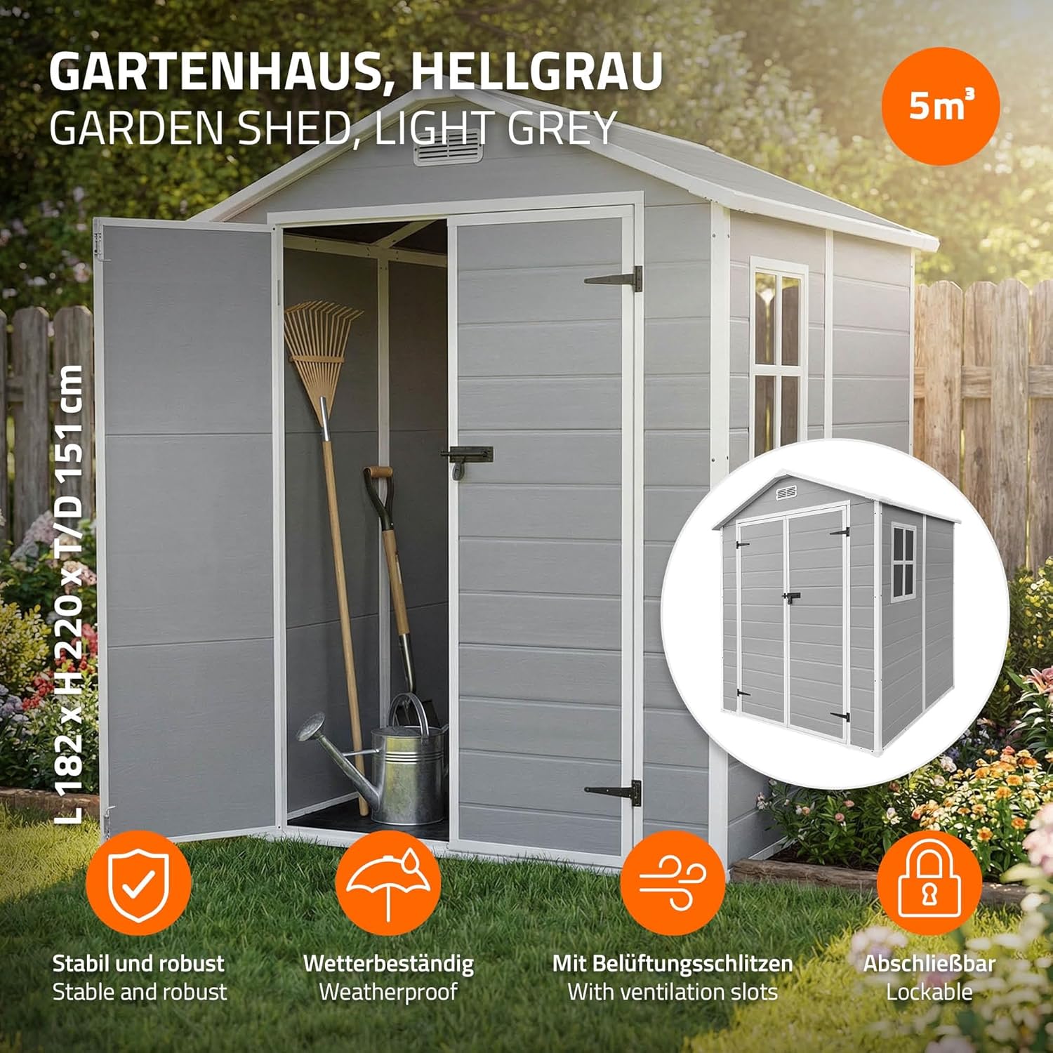ECD Germany - abri de jardin résine, 151x182x220 cm, double porte, fenêtre, 5m³
