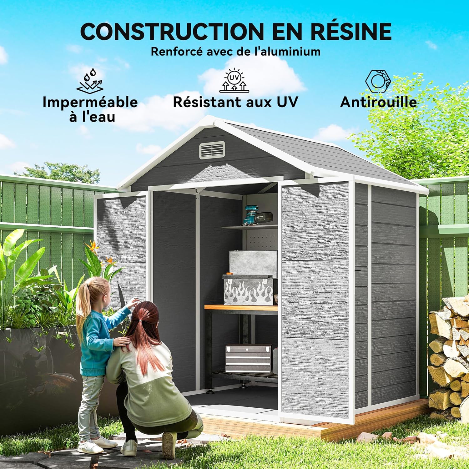 Outsunny Abri de Jardin en résine 2,7 m² avec Plancher Structure en Aluminium 182 x 151 x 219 cm, cabane de Jardin cabanon Rangement Outils Portes avec Serrure et clés 3 fenêtre, Gris Global Recycled Standard