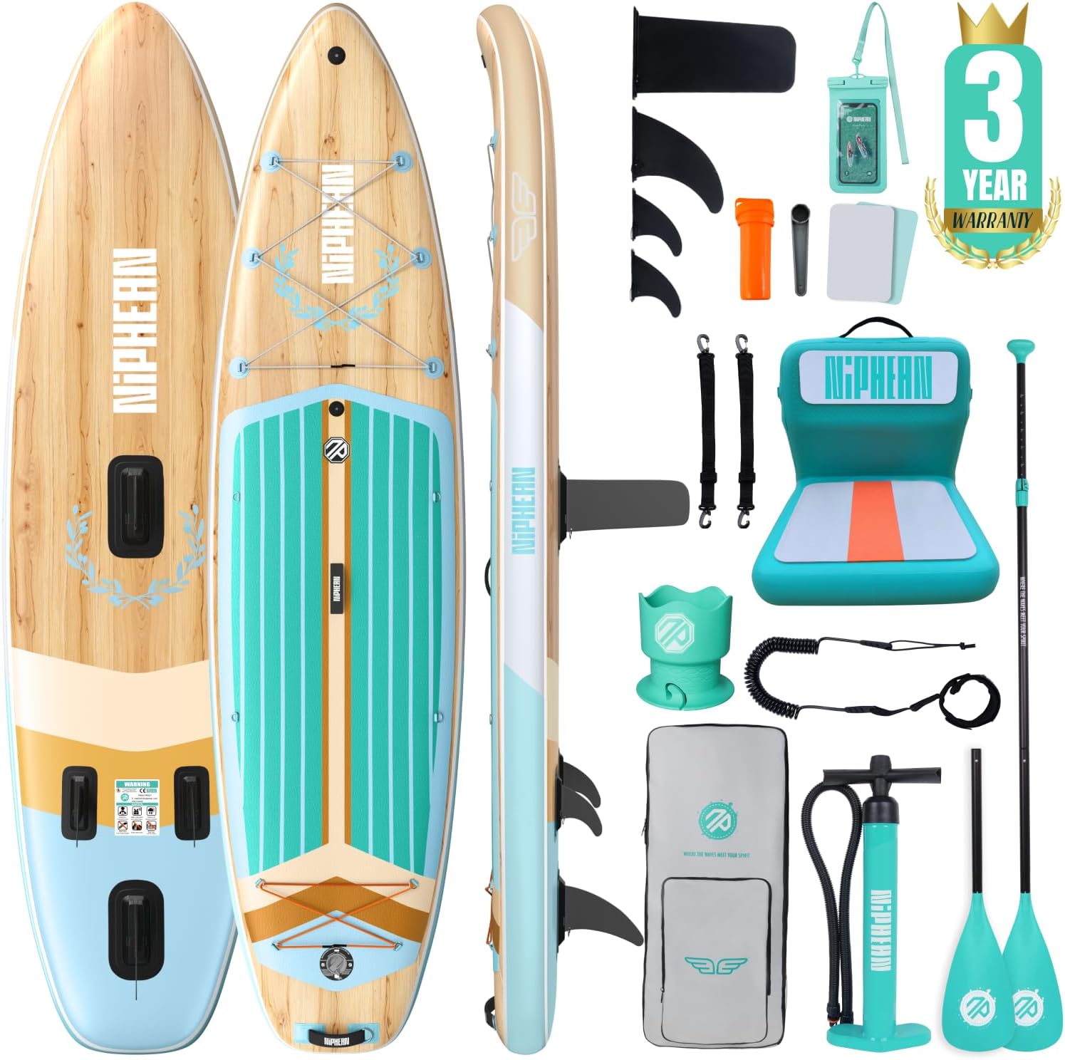 Niphean Extra Large Paddle Gonflable, Sup à 2+1 Personnes/Famille, Planches de Stand Up Paddle Gonflables avec (Idéal Débutant) Aileron Équilibré, Housse Étanche, Paddle Gonflable Adulte, Cadeaux