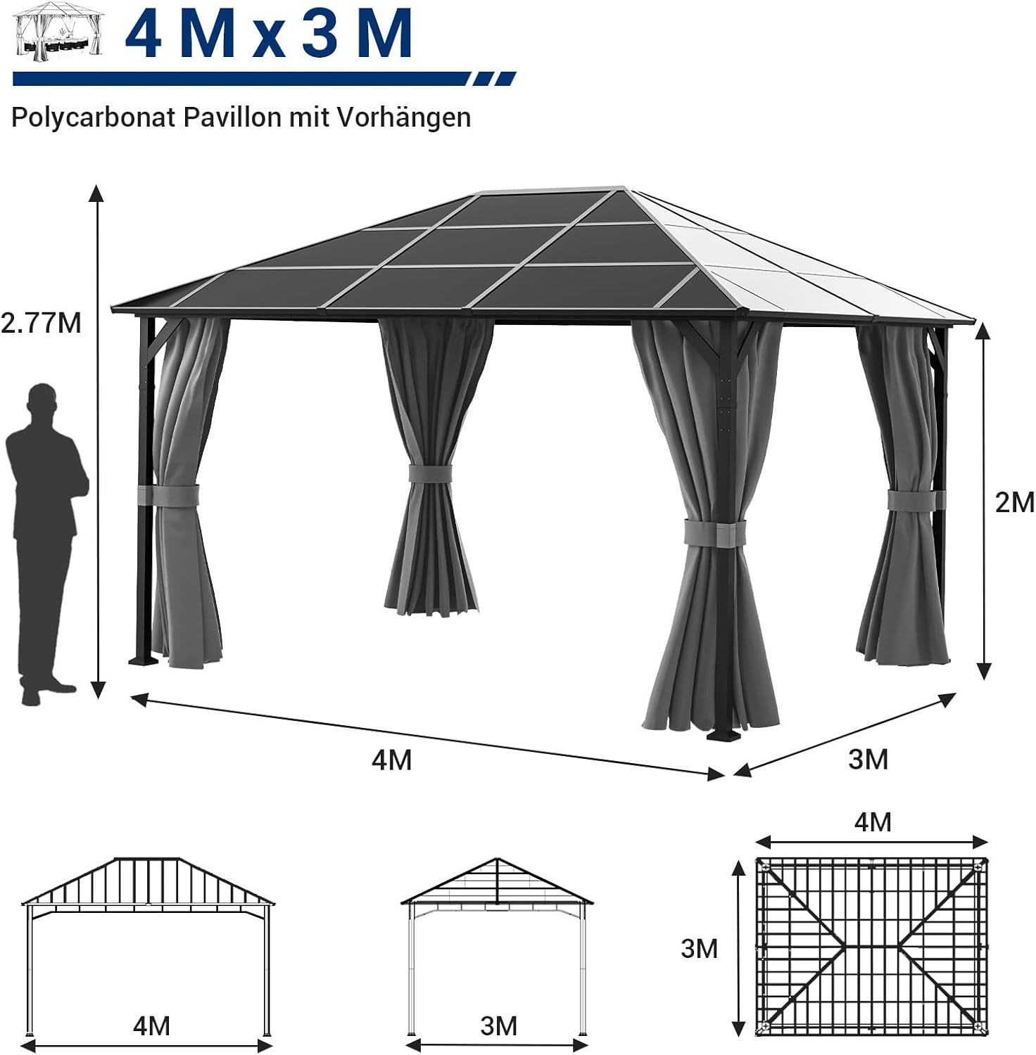 UDPATIO - Tonnelle série 3x4m, imperméable, UV, rideaux, gris, UDPATIO