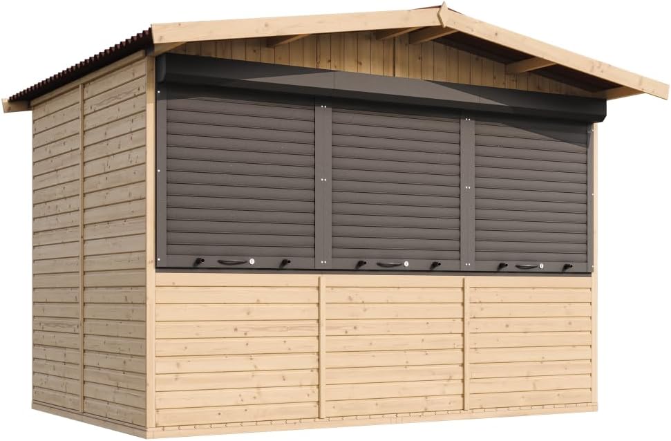 TIMBELA Abri de Jardin en Bois M150AZ – Kiosque Bois - Stand Marché avec 3 Fenêtres + Volets roulants, L336xP263xH232 cm / 6 m², Facile à Monter et à Démonter, Bar Jardin