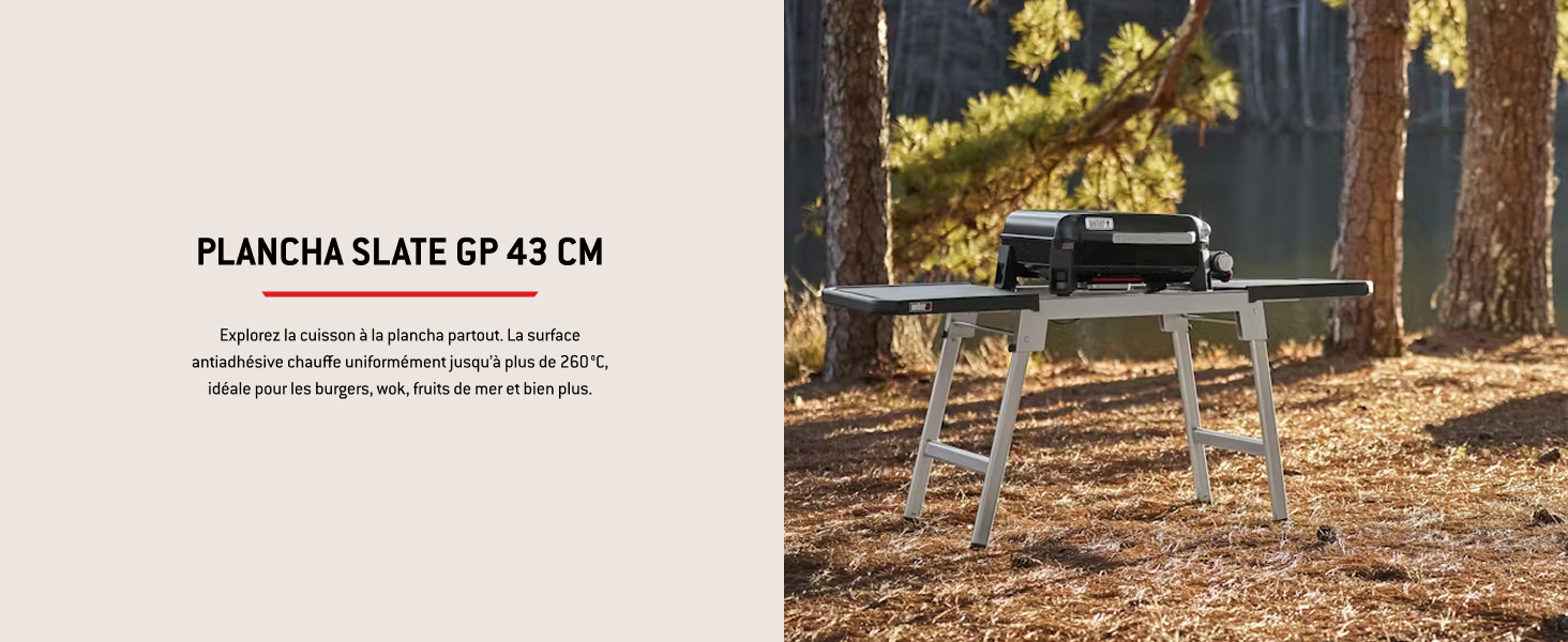 Le texte indique « PLANCHA SLATE GF 43 CM ». Installation de cuisine extérieure montrant une plaque chauffante plate ou une plancha montée sur des pieds en métal dans un cadre extérieur naturel avec des arbres en arrière-plan.