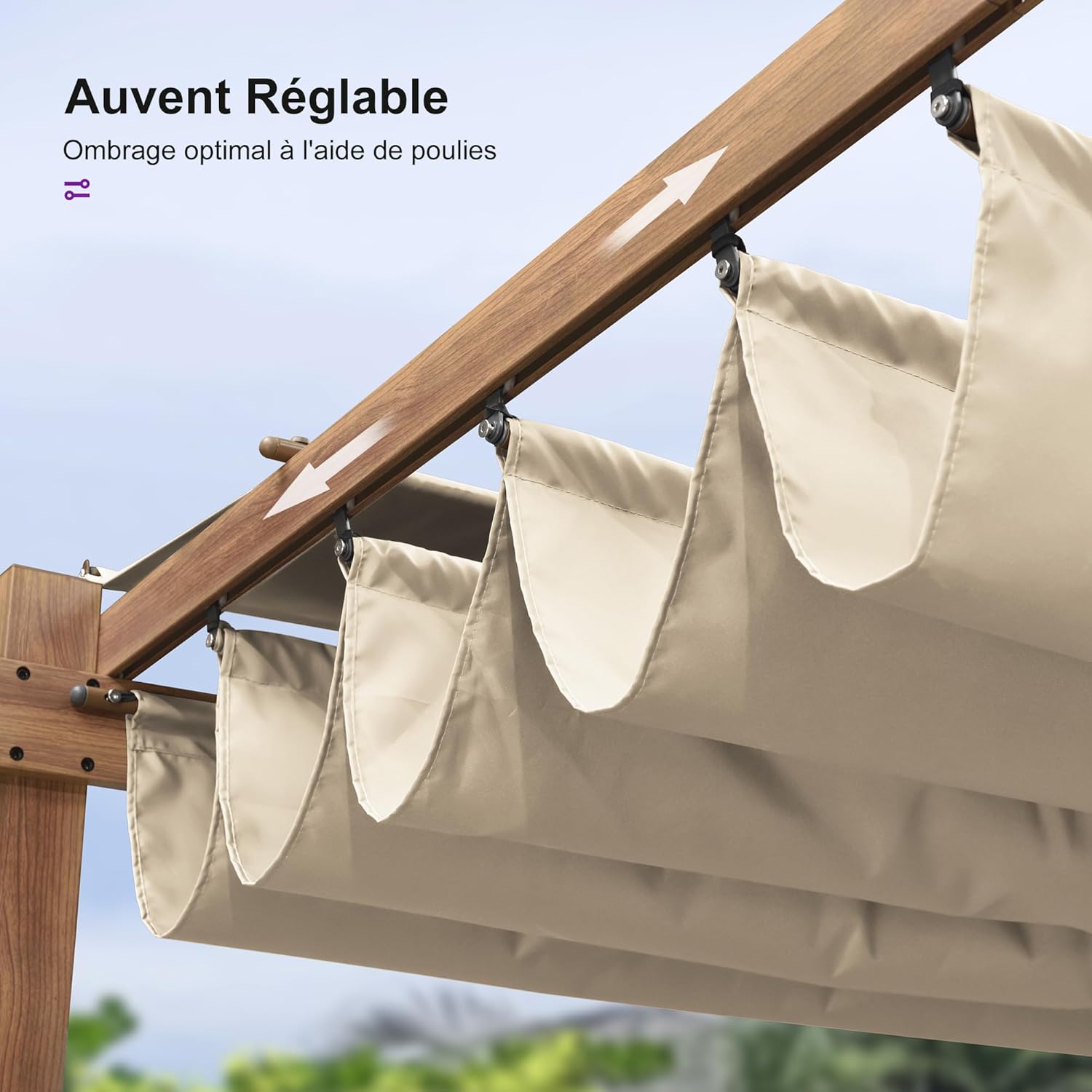 PURPLE LEAF - pergola aluminium - 3x3m - teck, toile rétractable, kaki
